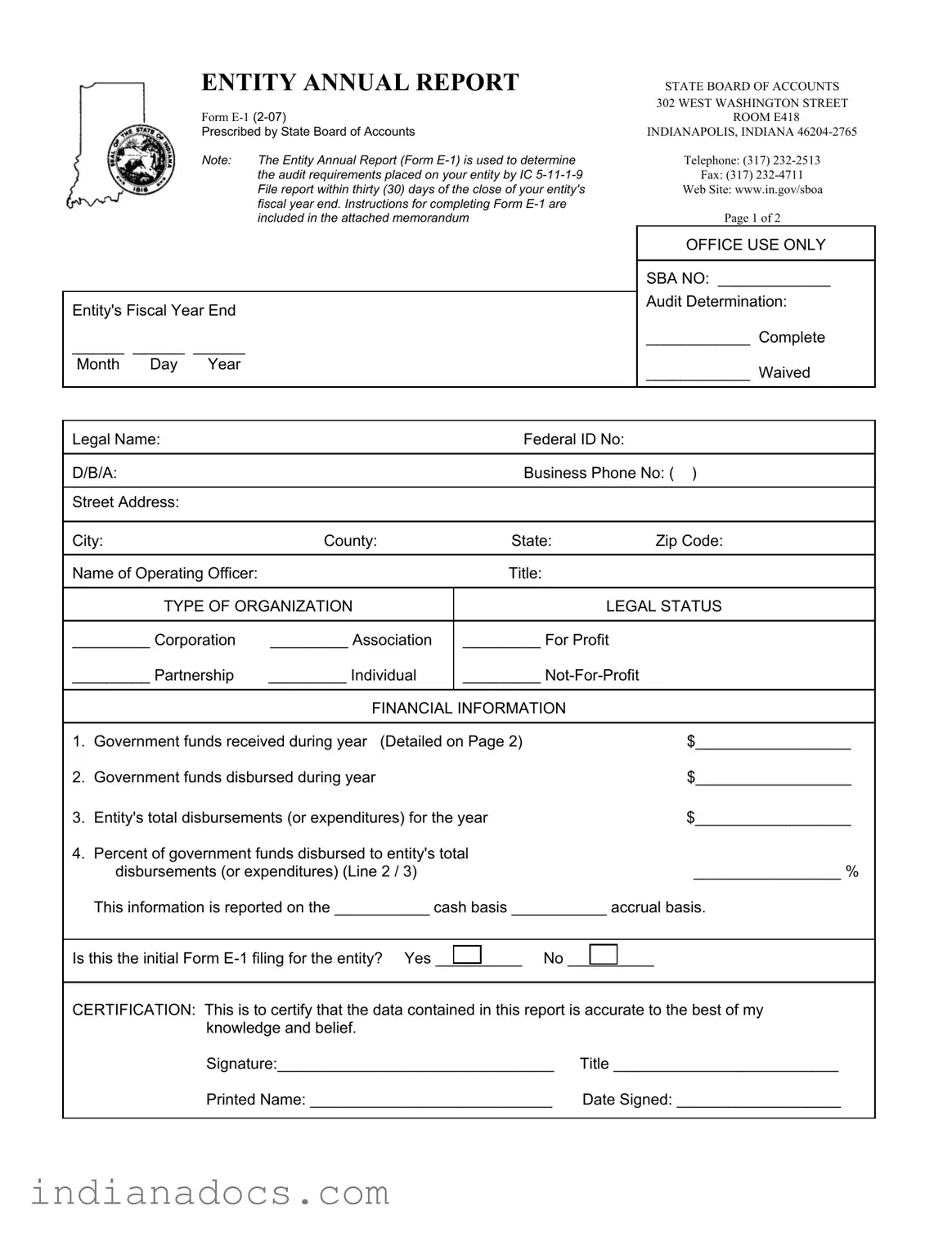 Fillable Entity Annual Report Indiana Form