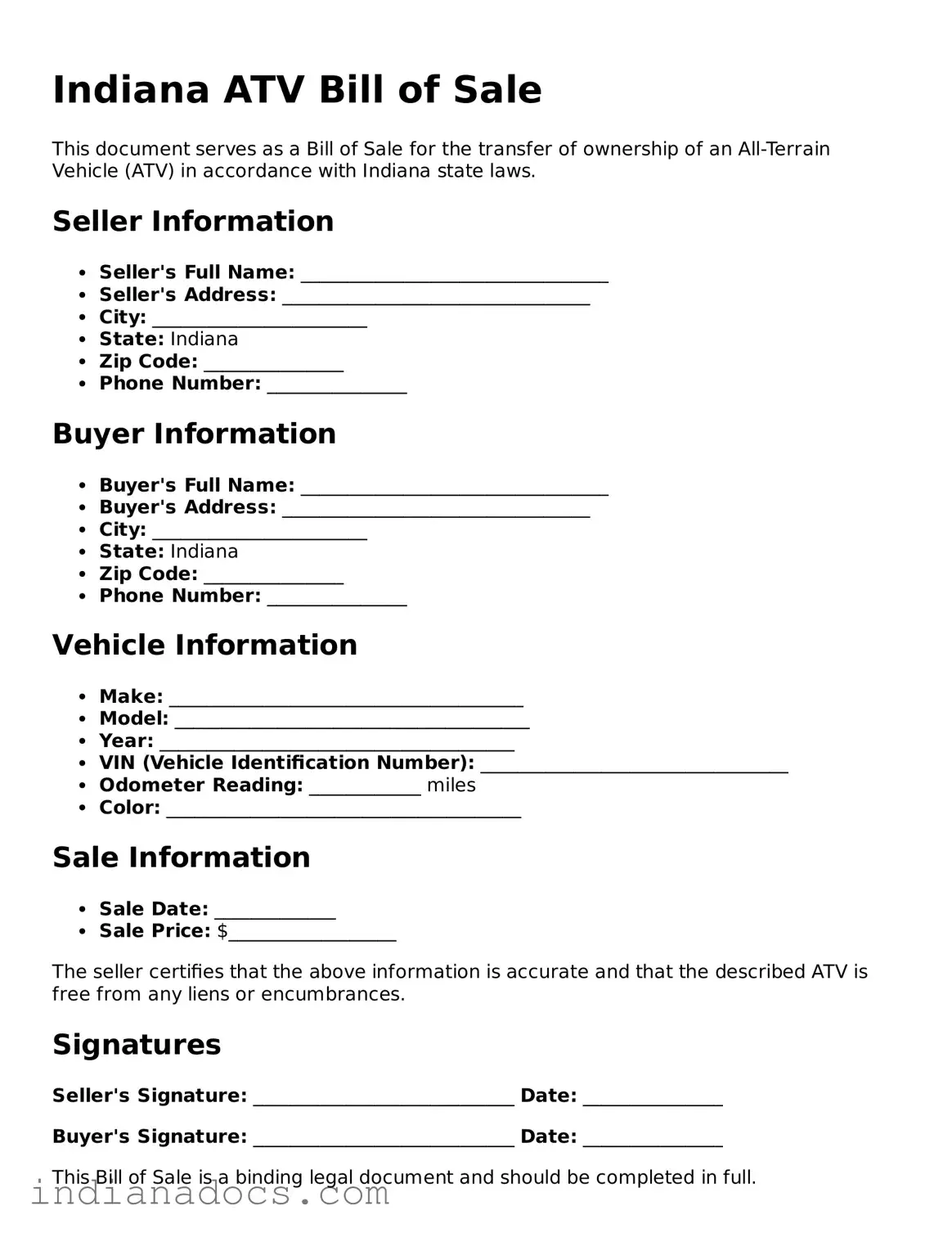 Official  ATV Bill of Sale Form for Indiana