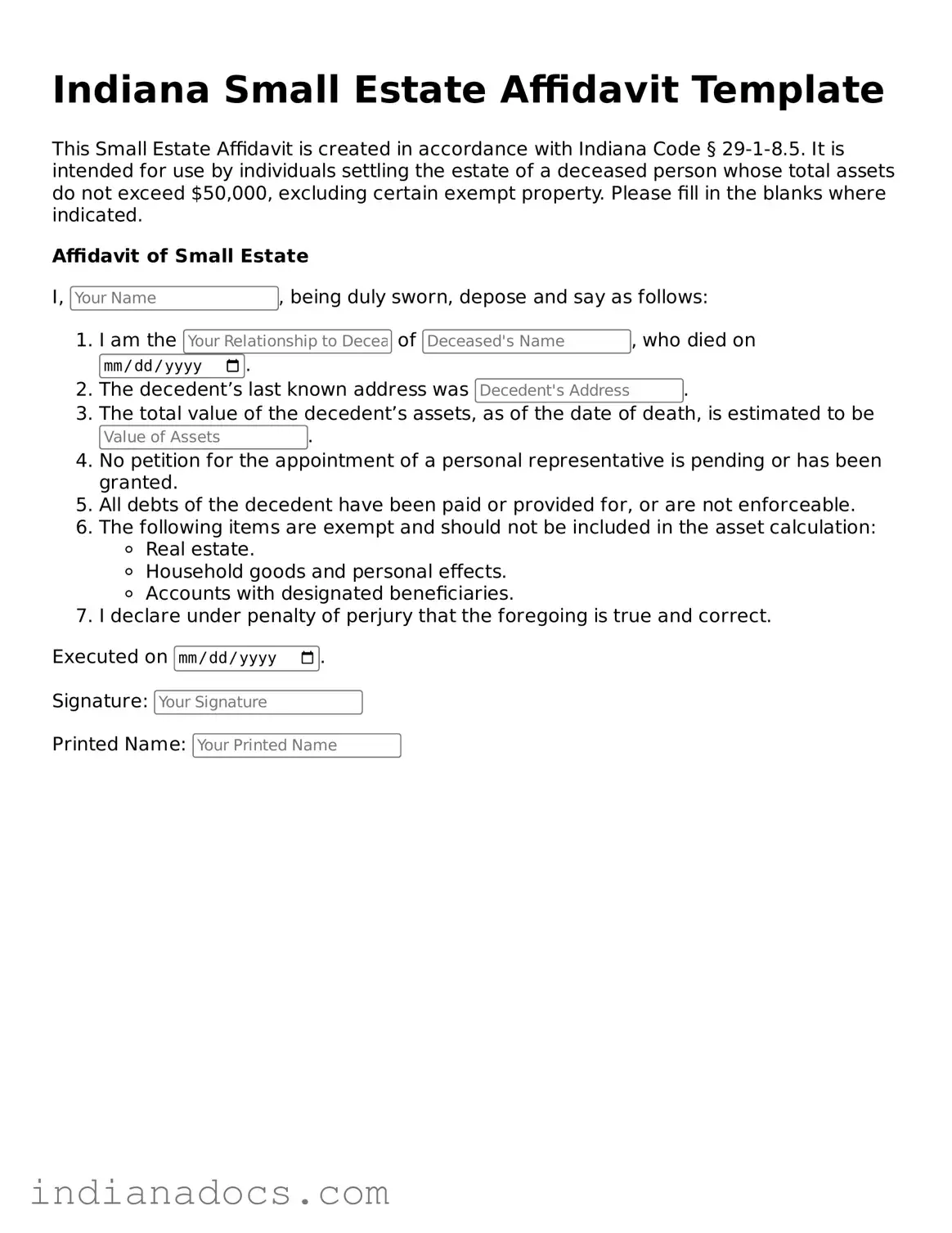 Official  Small Estate Affidavit Form for Indiana