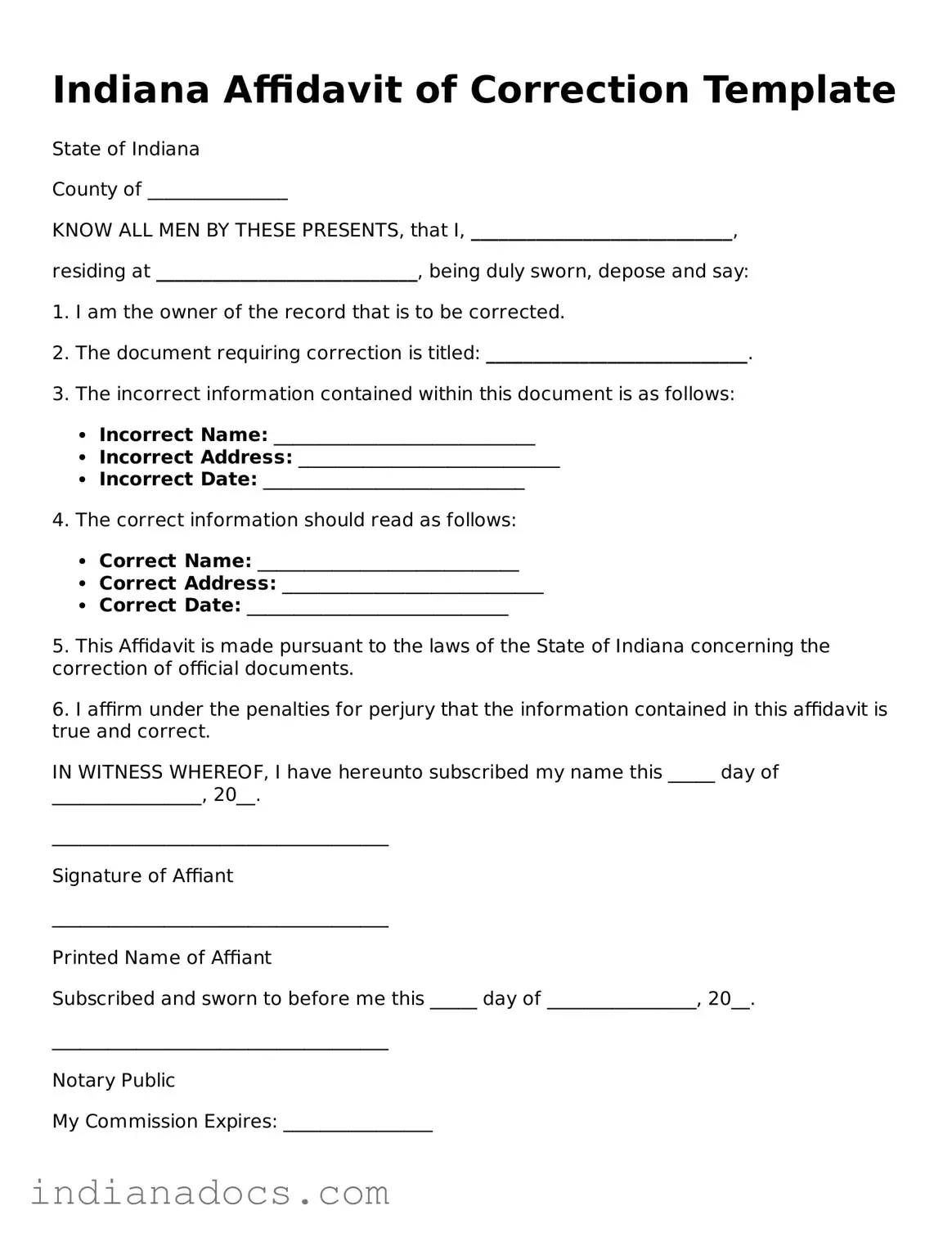 Official  Affidavit of Correction Form for Indiana