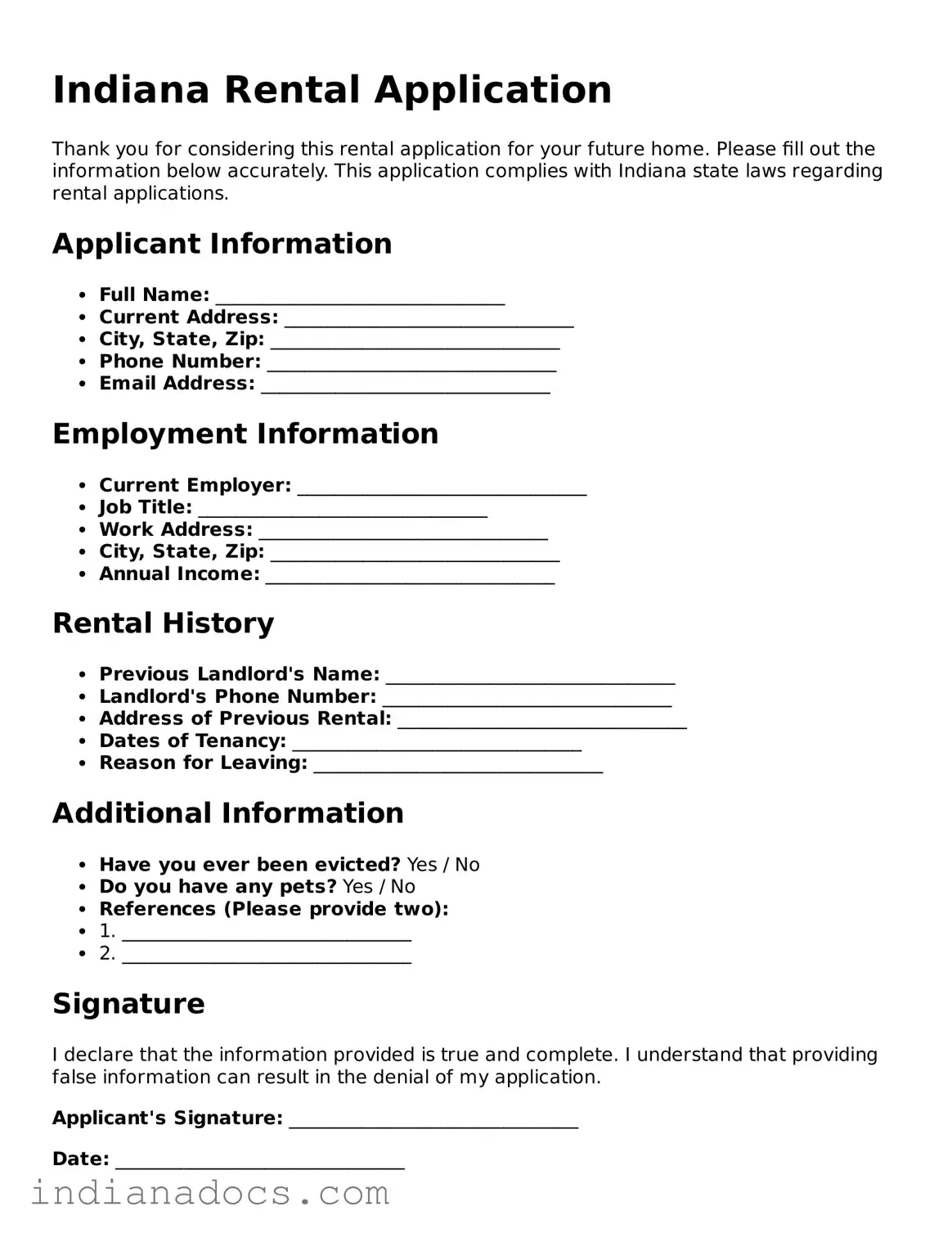 Official  Rental Application Form for Indiana