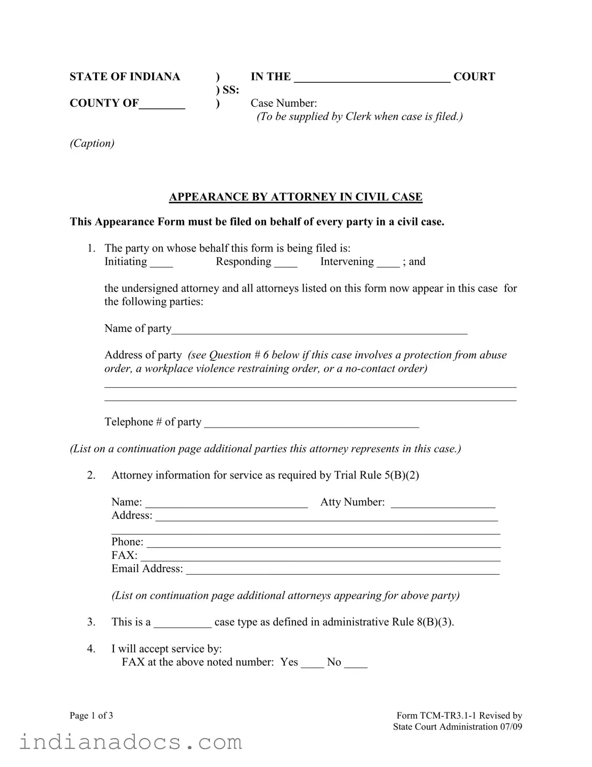 Fillable Indiana Appearance Form