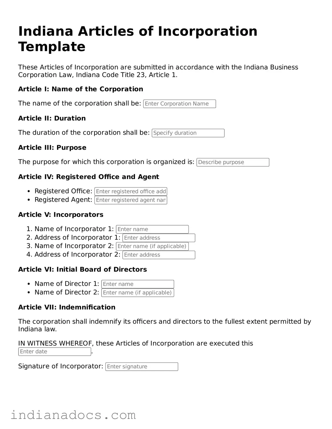 Official  Articles of Incorporation Form for Indiana