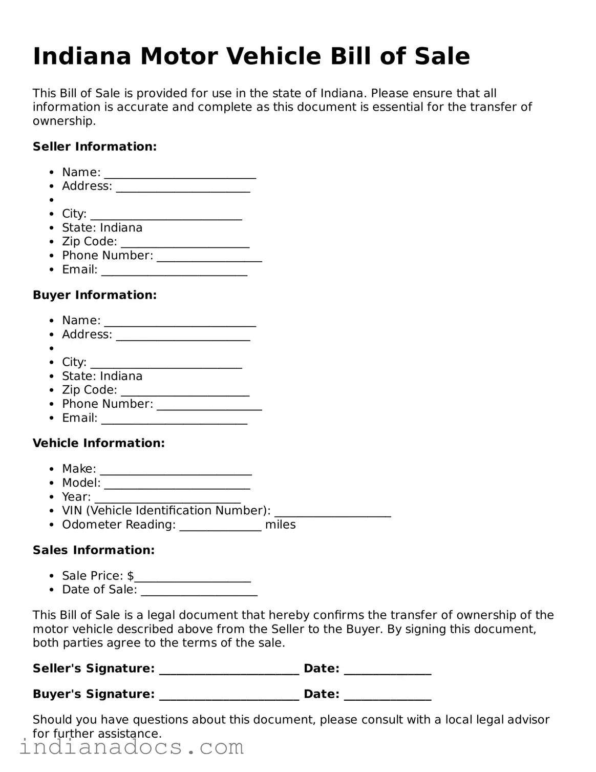 Official  Motor Vehicle Bill of Sale Form for Indiana