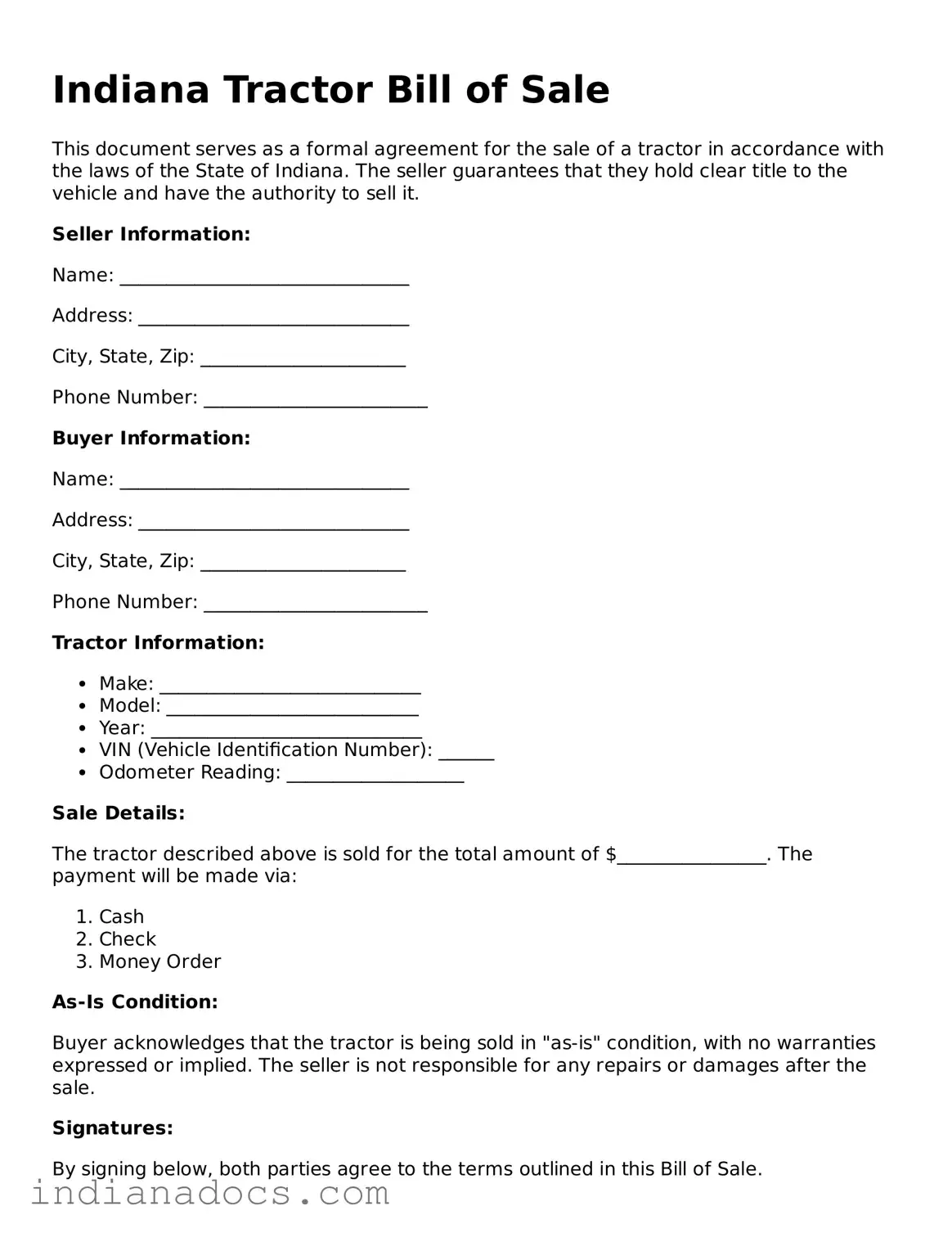 Official  Tractor Bill of Sale Form for Indiana