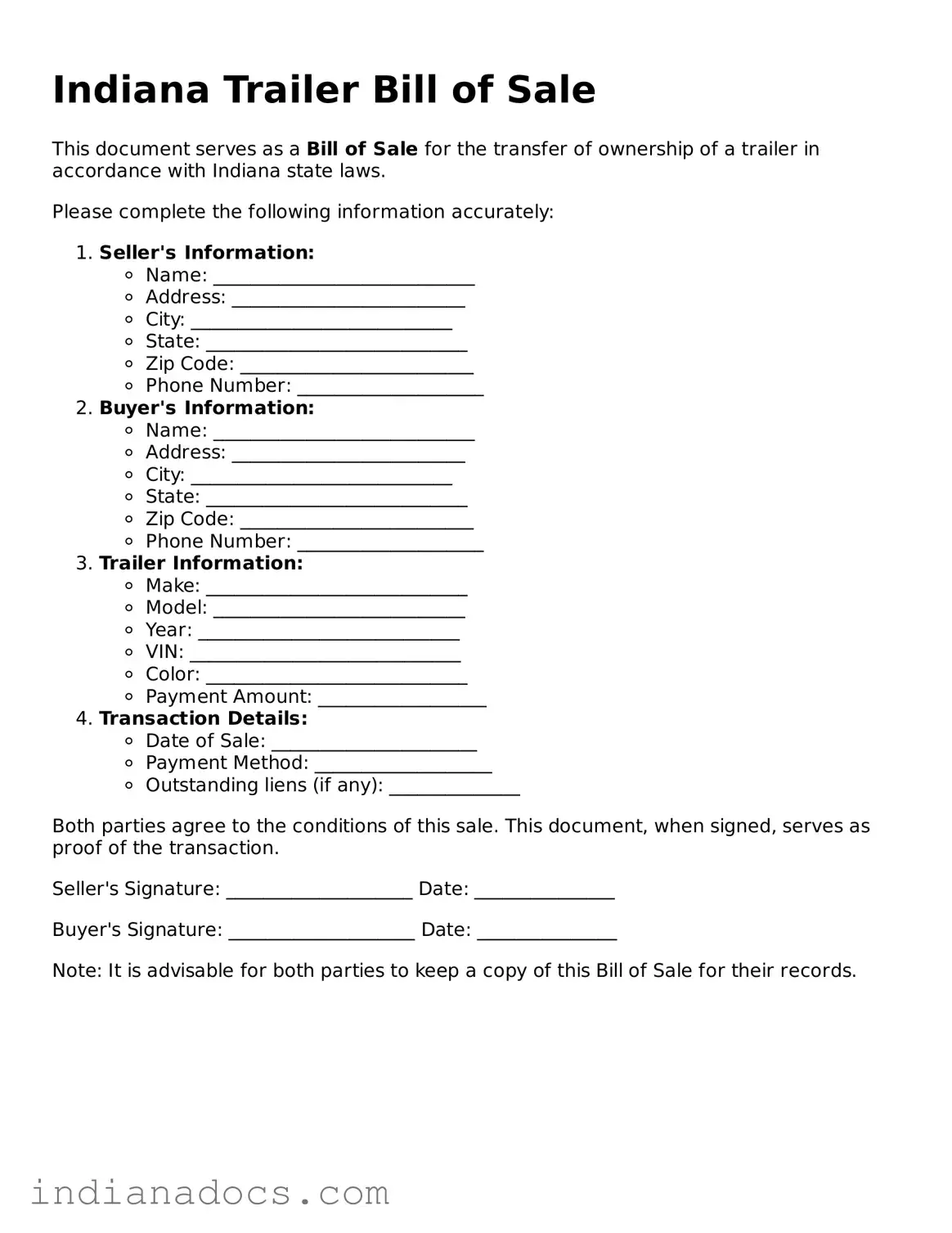 Official  Trailer Bill of Sale Form for Indiana