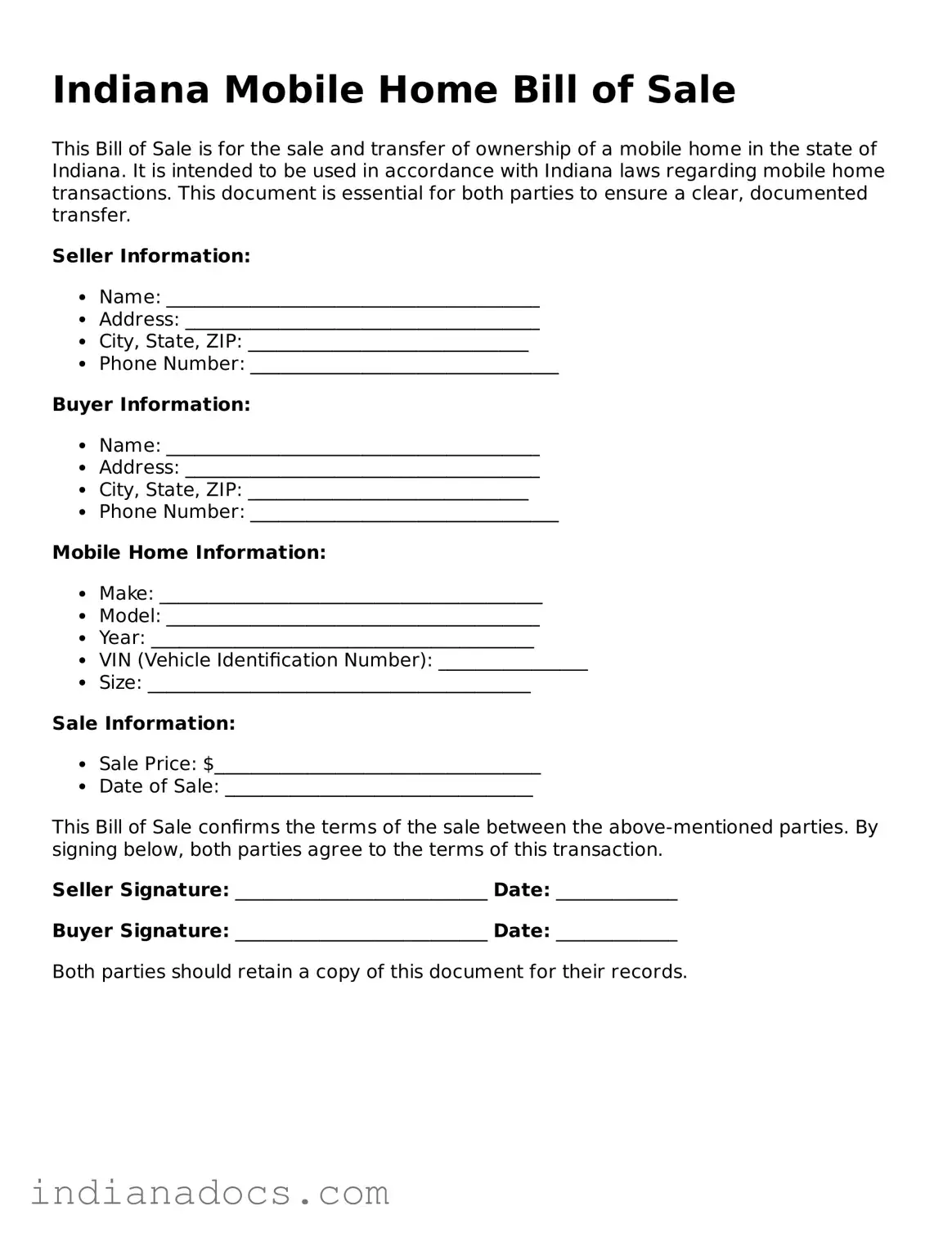Official  Mobile Home Bill of Sale Form for Indiana