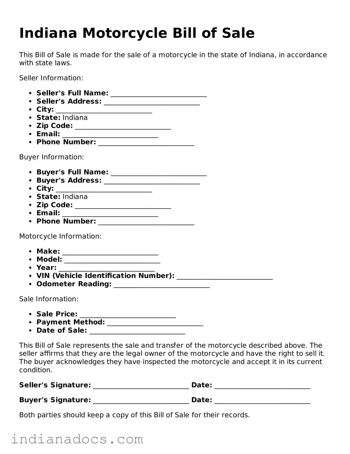 Official  Motorcycle Bill of Sale Form for Indiana