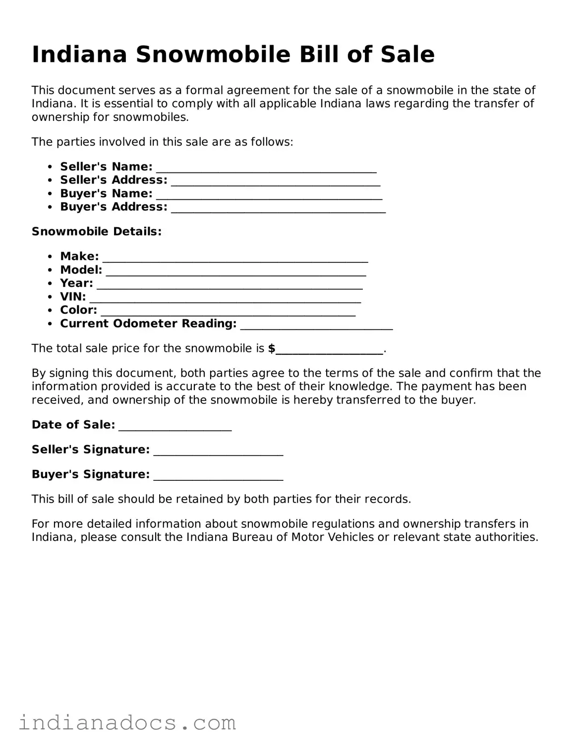 Official  Snowmobile Bill of Sale Form for Indiana