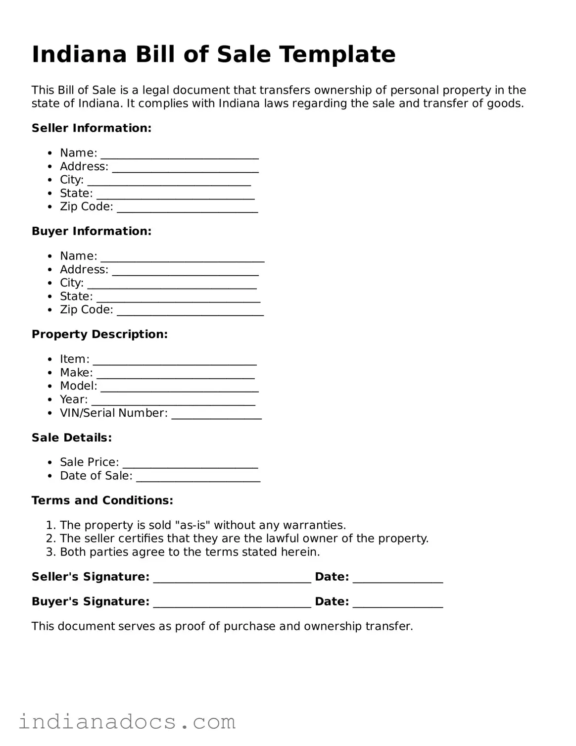 Official  Bill of Sale Form for Indiana