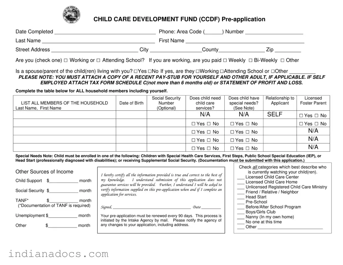 Fillable Indiana Ccdf Application Form
