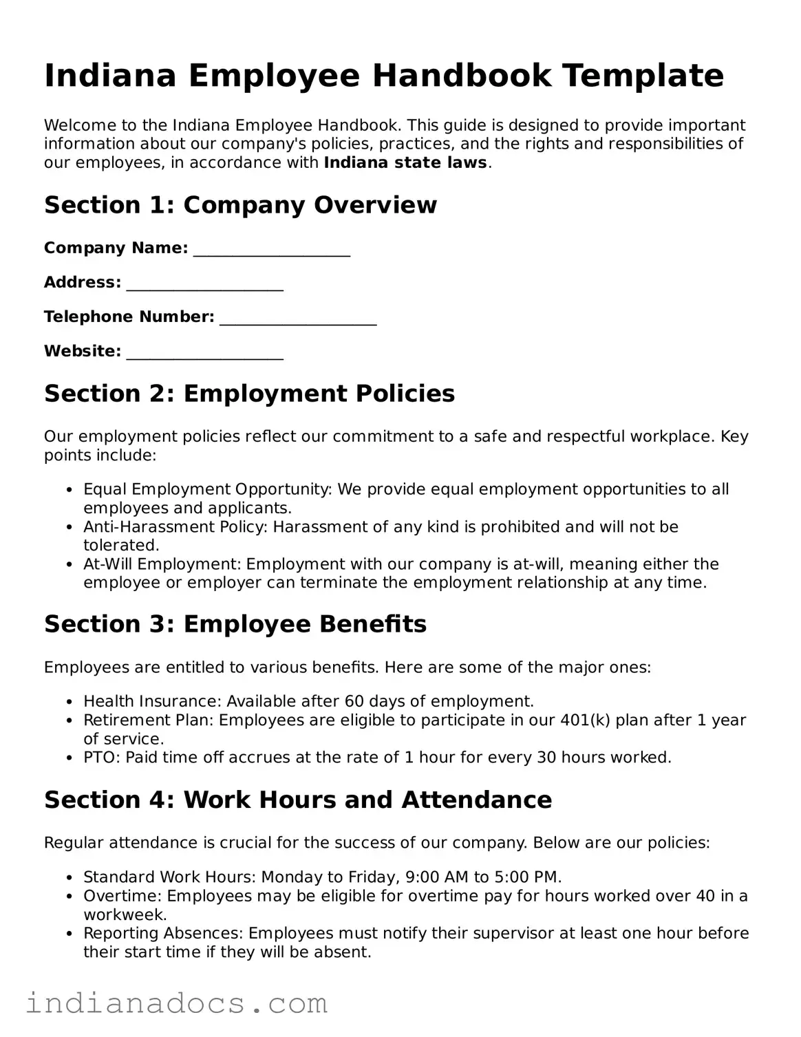 Official  Employee Handbook Form for Indiana