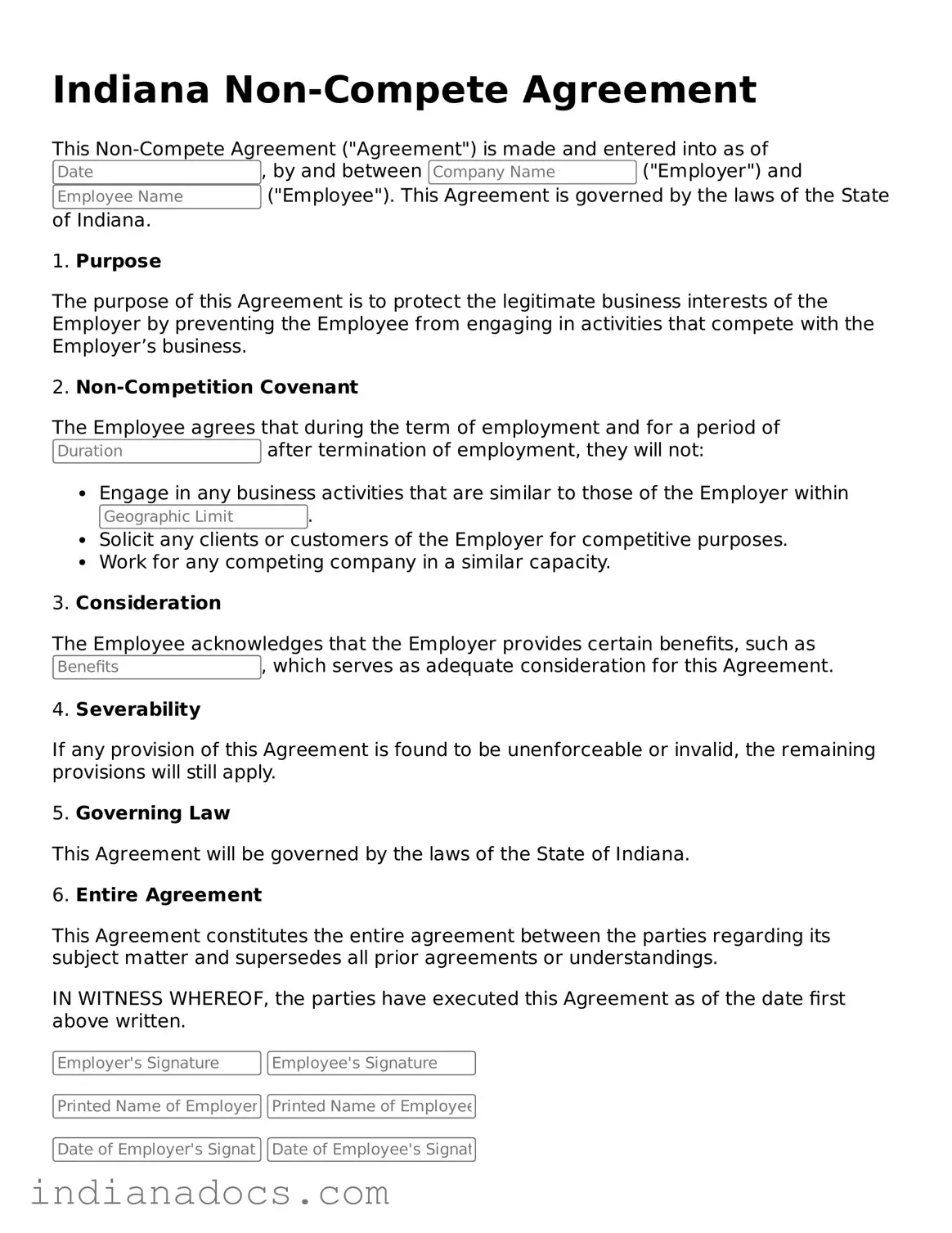 Official  Non-compete Agreement Form for Indiana