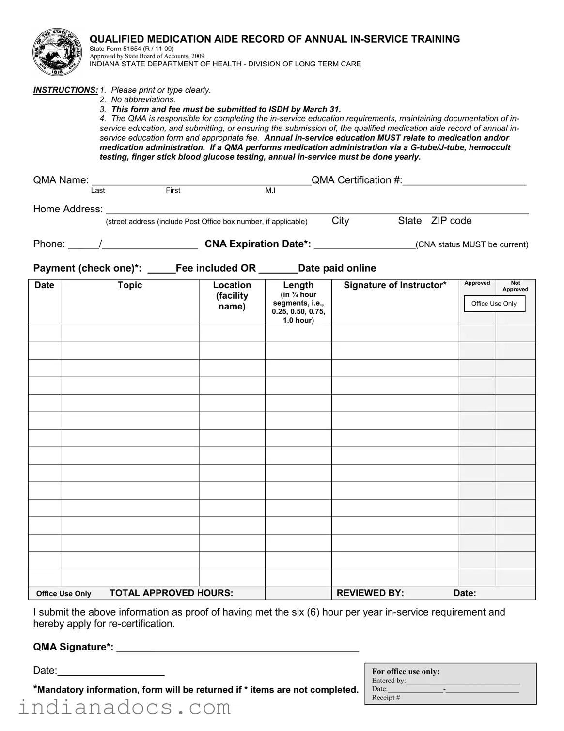 Fillable Indiana Department Annual Inservice Form
