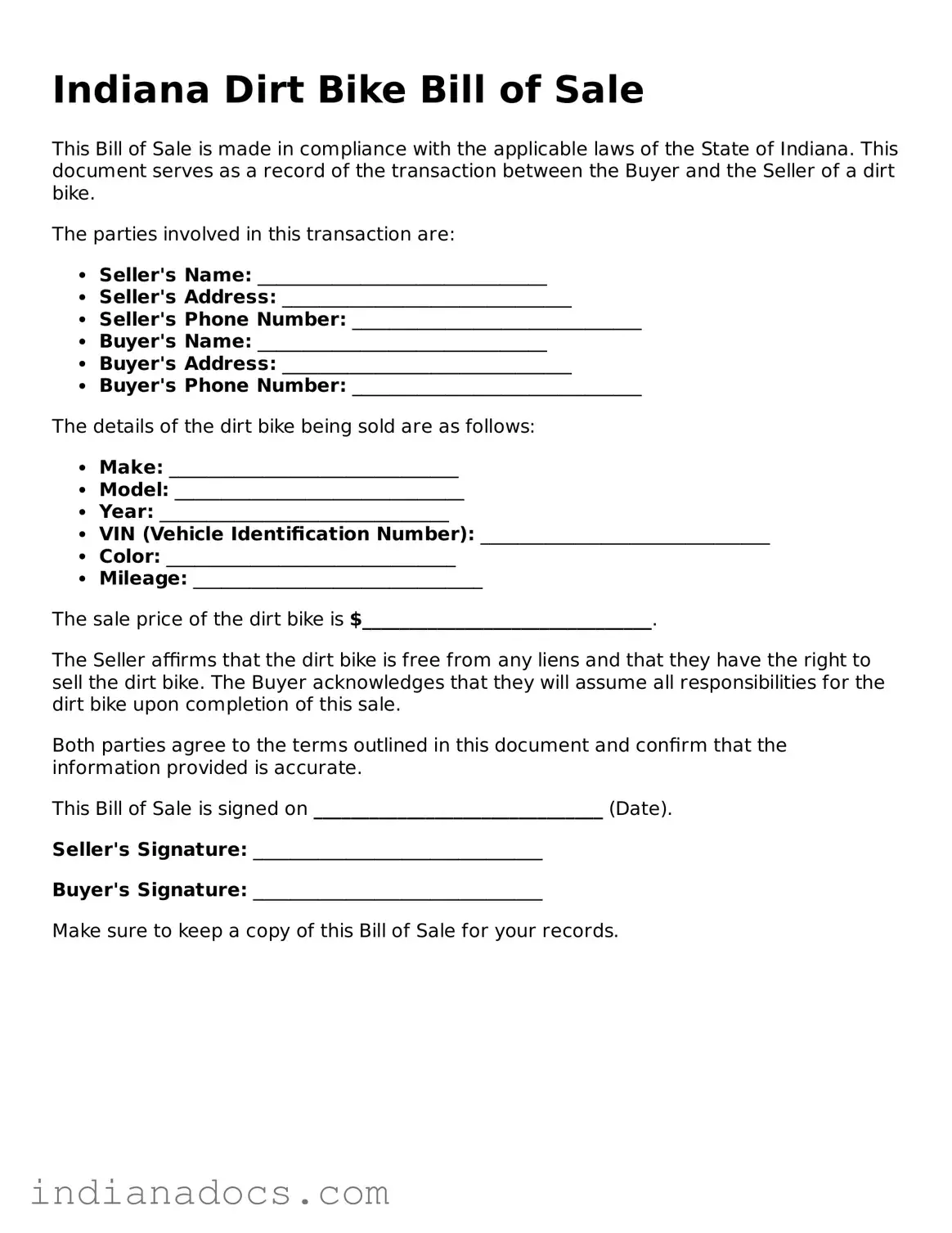 Official  Dirt Bike Bill of Sale Form for Indiana