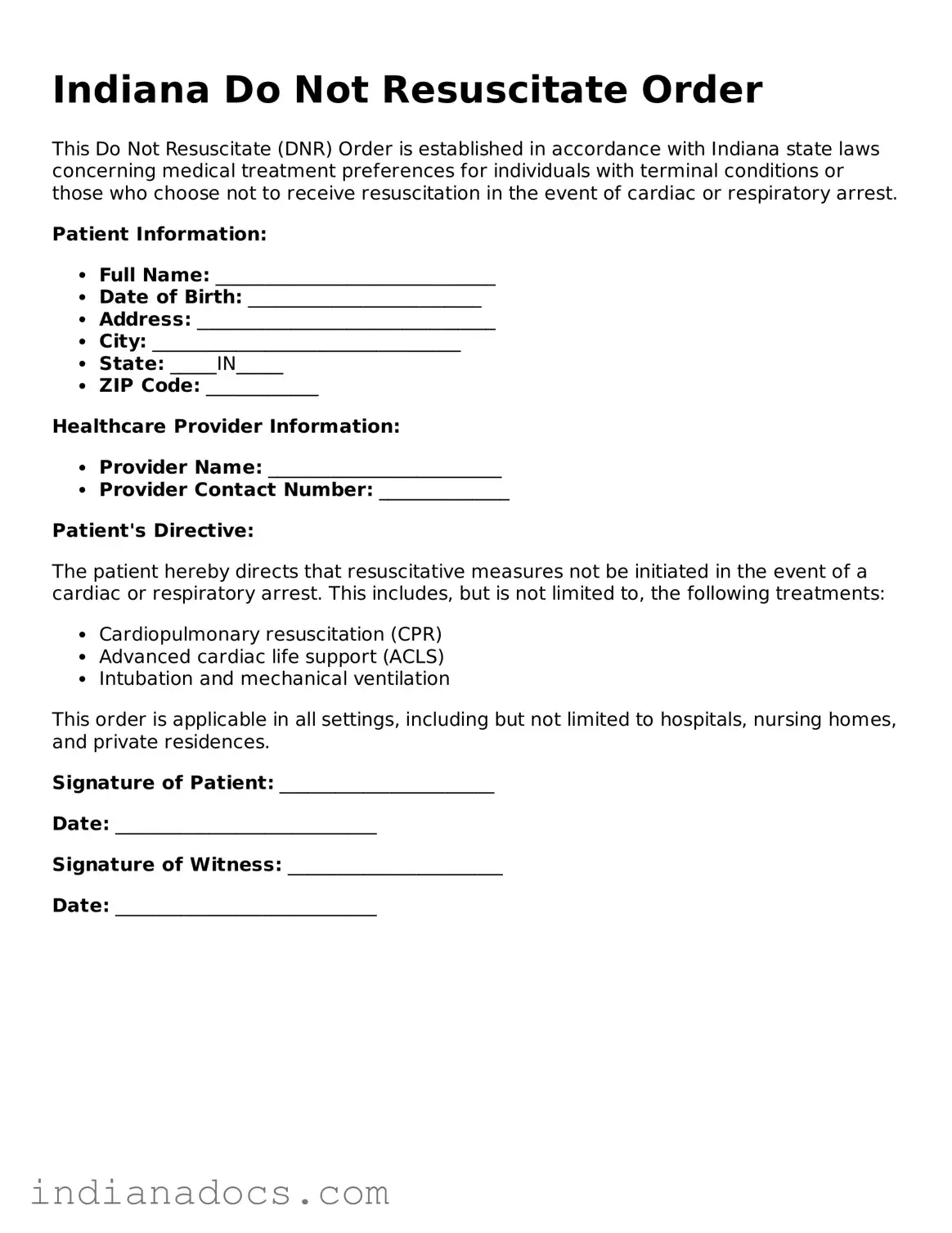 Official  Do Not Resuscitate Order Form for Indiana