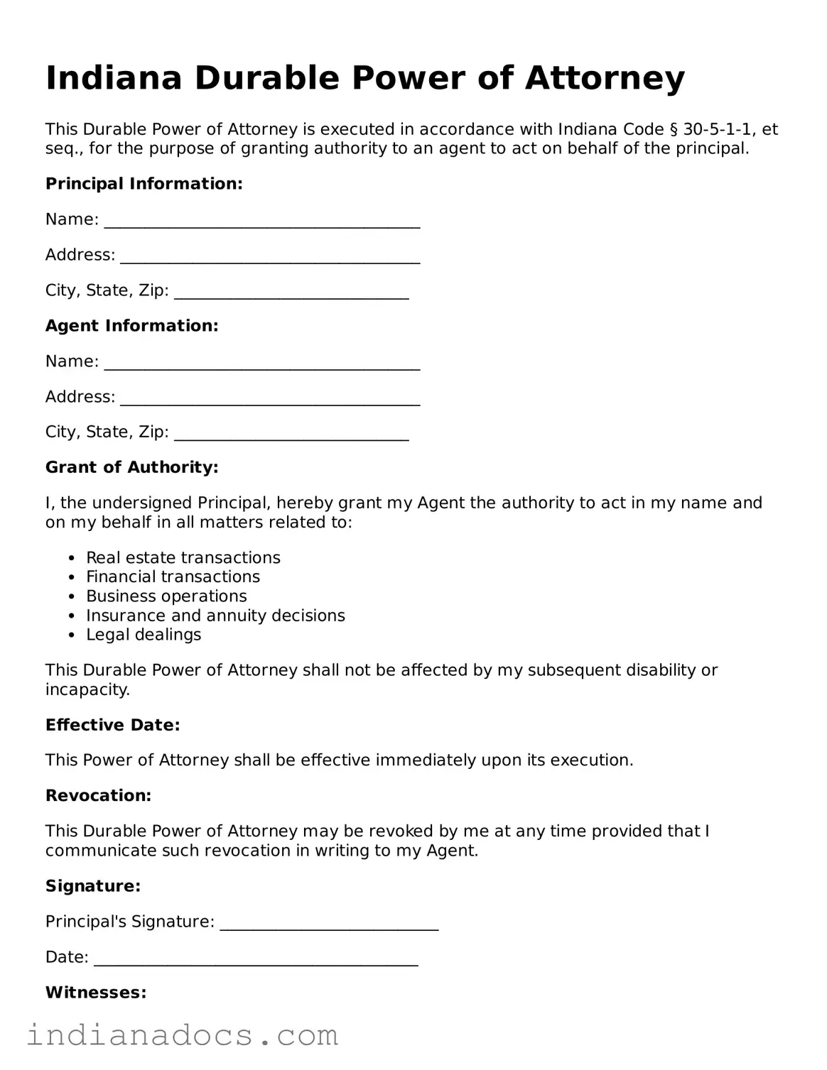 Official  Durable Power of Attorney Form for Indiana