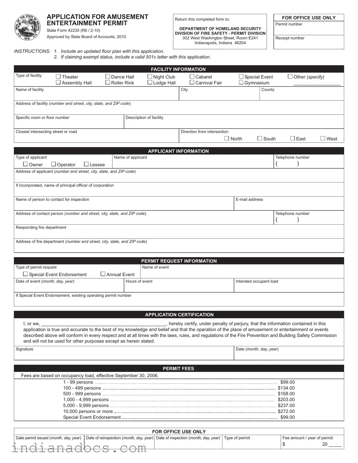 Fillable Indiana Entertainment Permit Form
