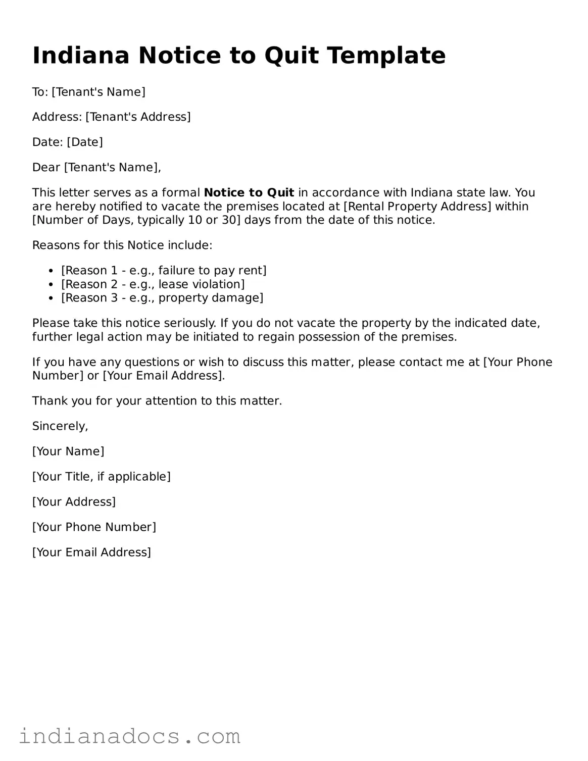 Official  Notice to Quit Form for Indiana