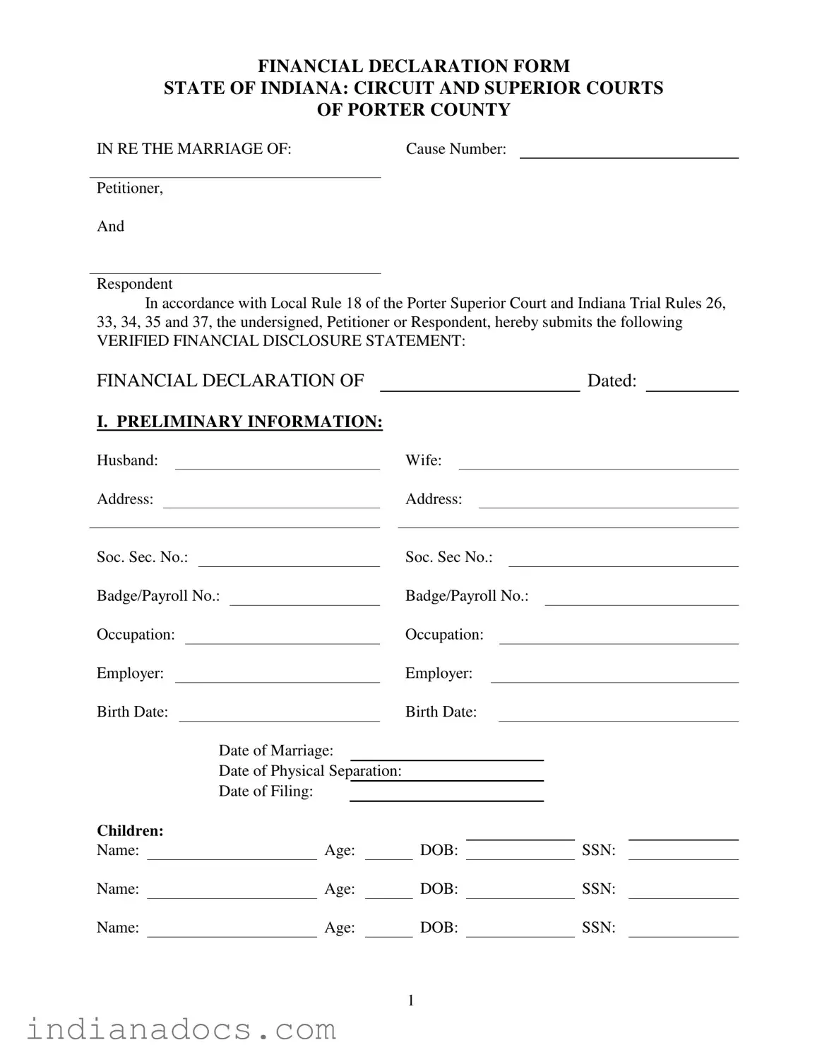Fillable Indiana Financial Declaration Form