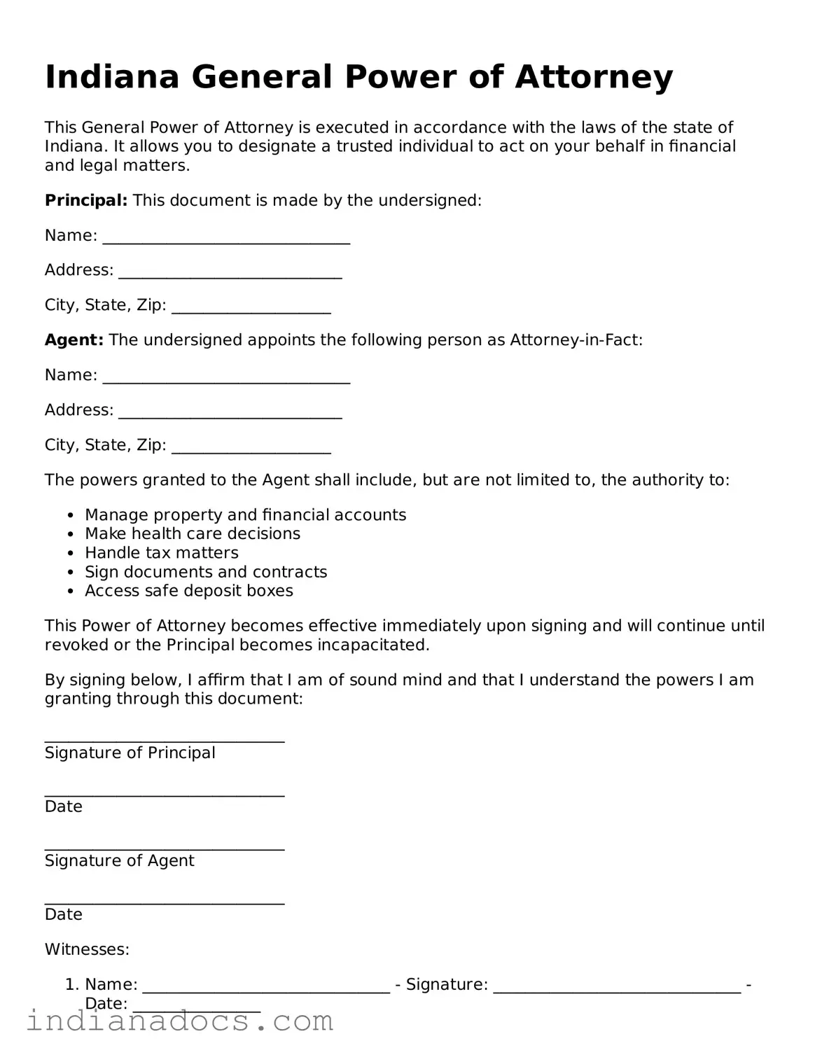 Official  General Power of Attorney Form for Indiana