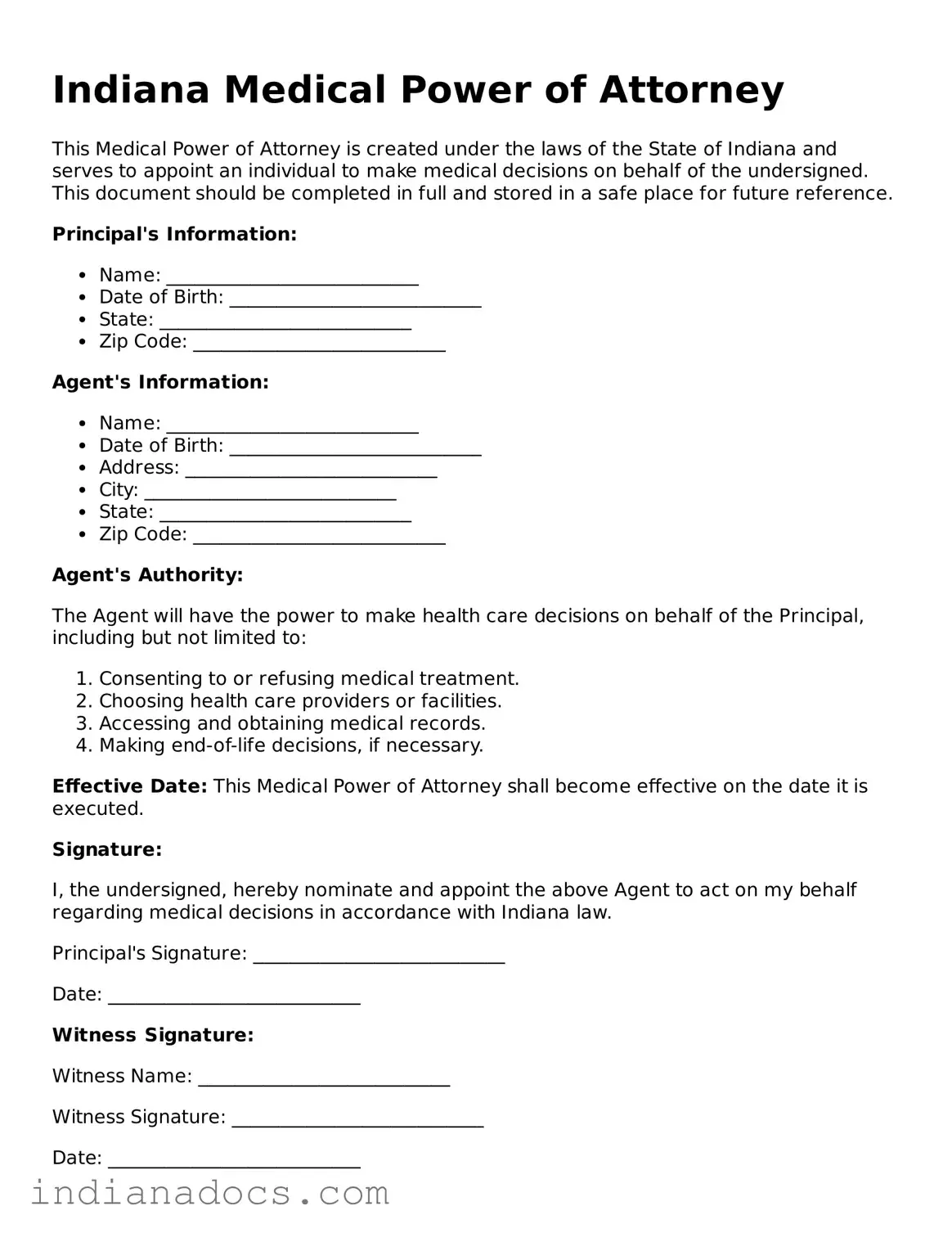 Official  Medical Power of Attorney Form for Indiana