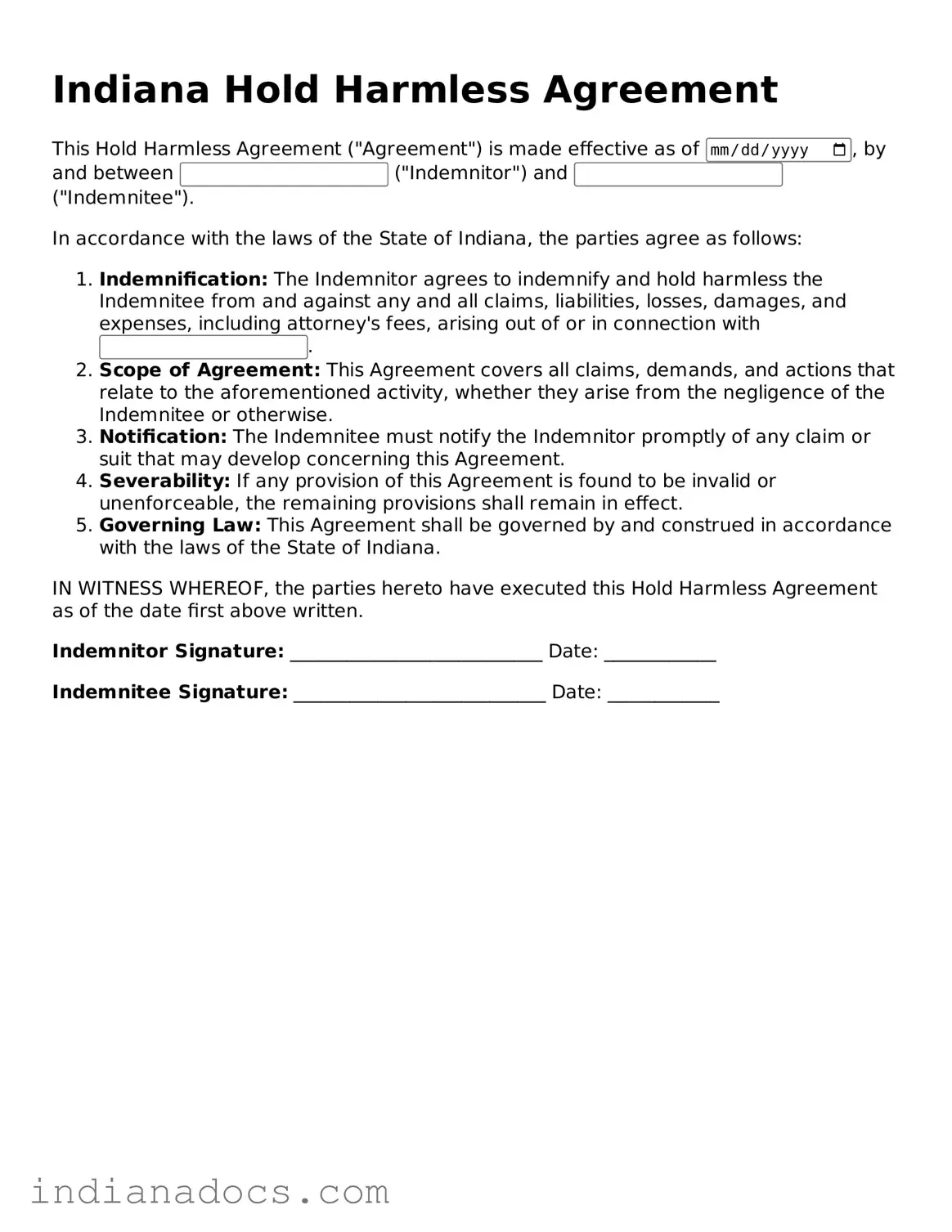 Official  Hold Harmless Agreement Form for Indiana