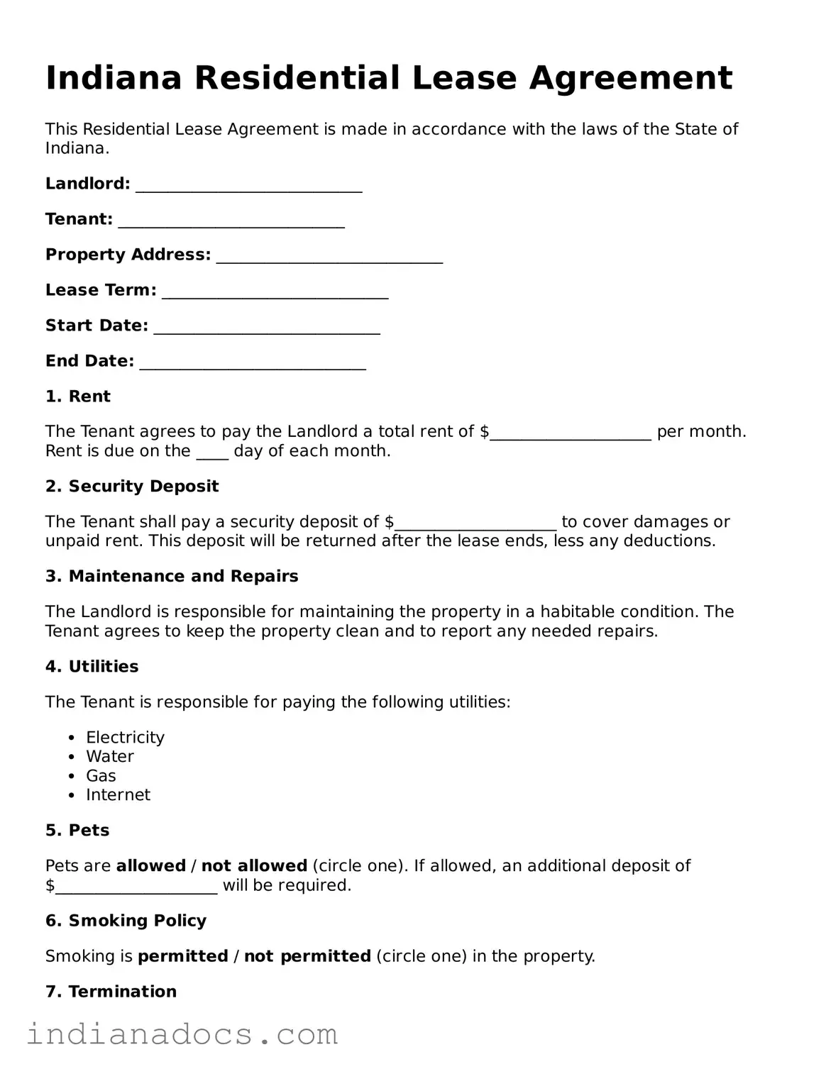 Official  Residential Lease Agreement Form for Indiana