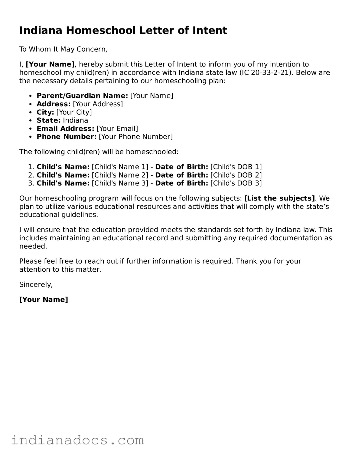 Official  Homeschool Letter of Intent Form for Indiana