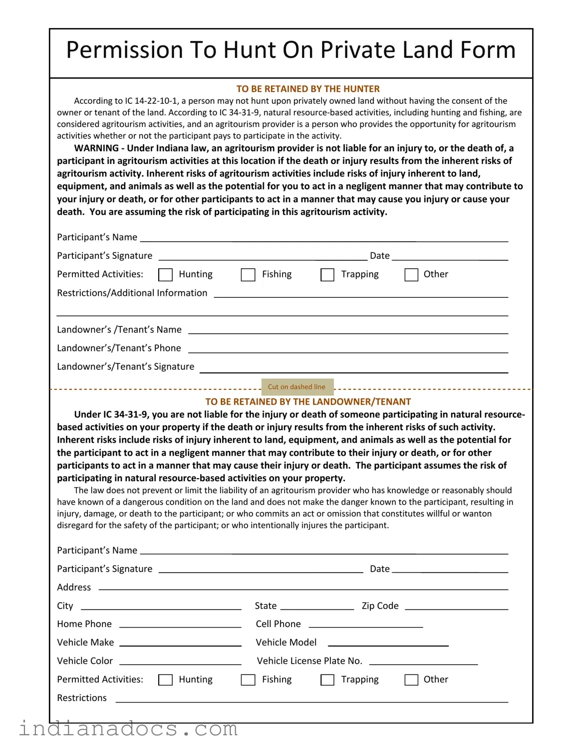 Fillable Indiana Hunting Permission Form