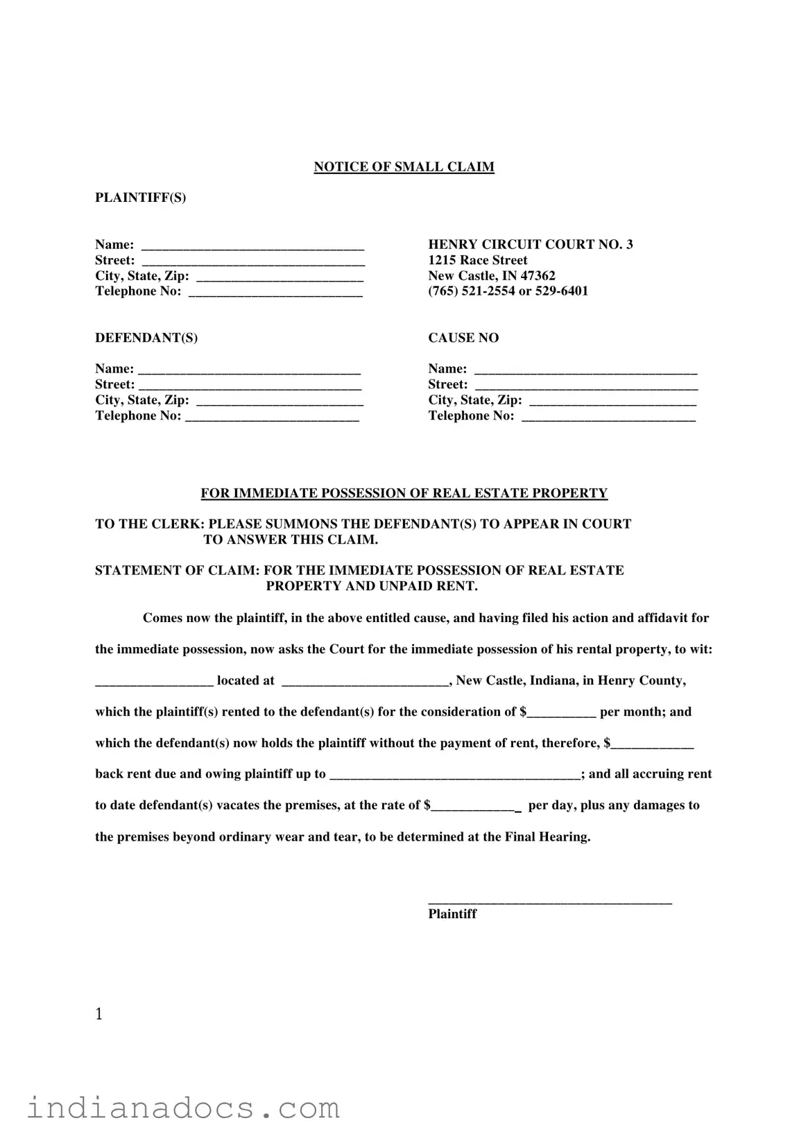 Fillable Indiana Immediate Possession Form
