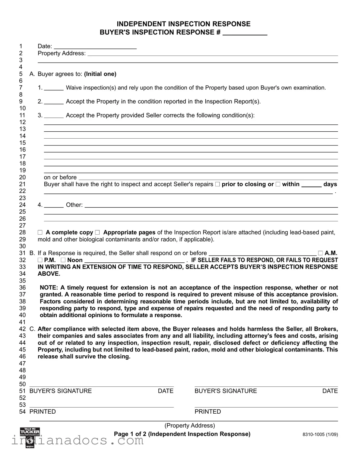 Fillable Indiana Inspection Response Form
