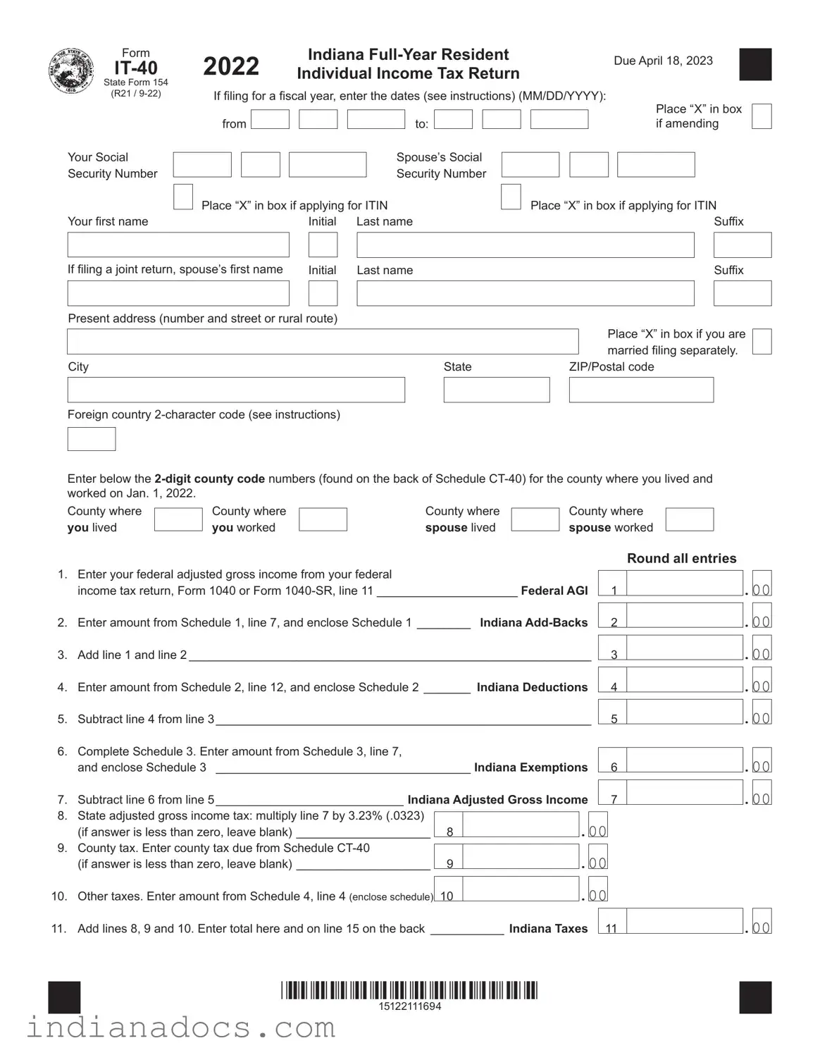 Fillable Indiana It 40 Form
