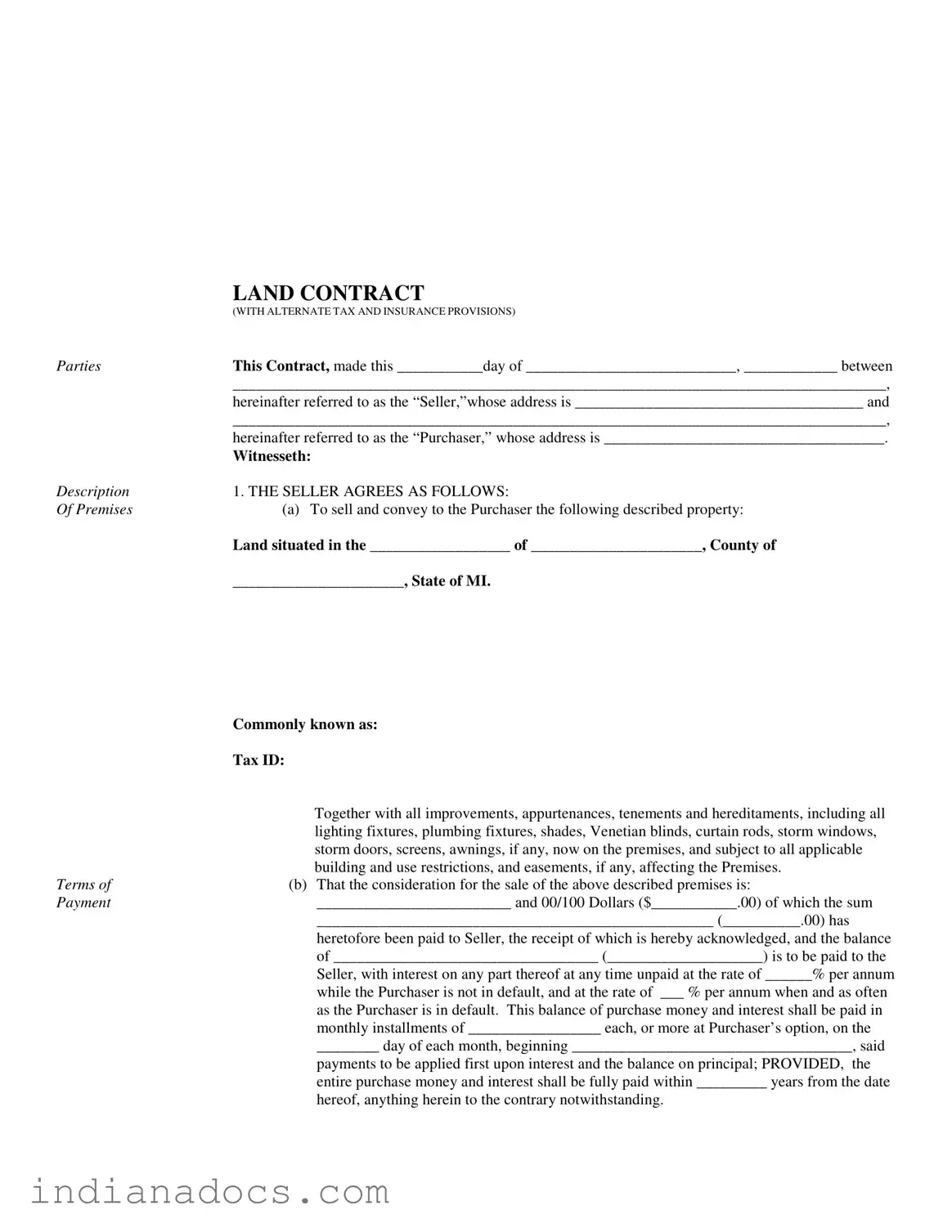 Fillable Indiana Land Contract Example Form