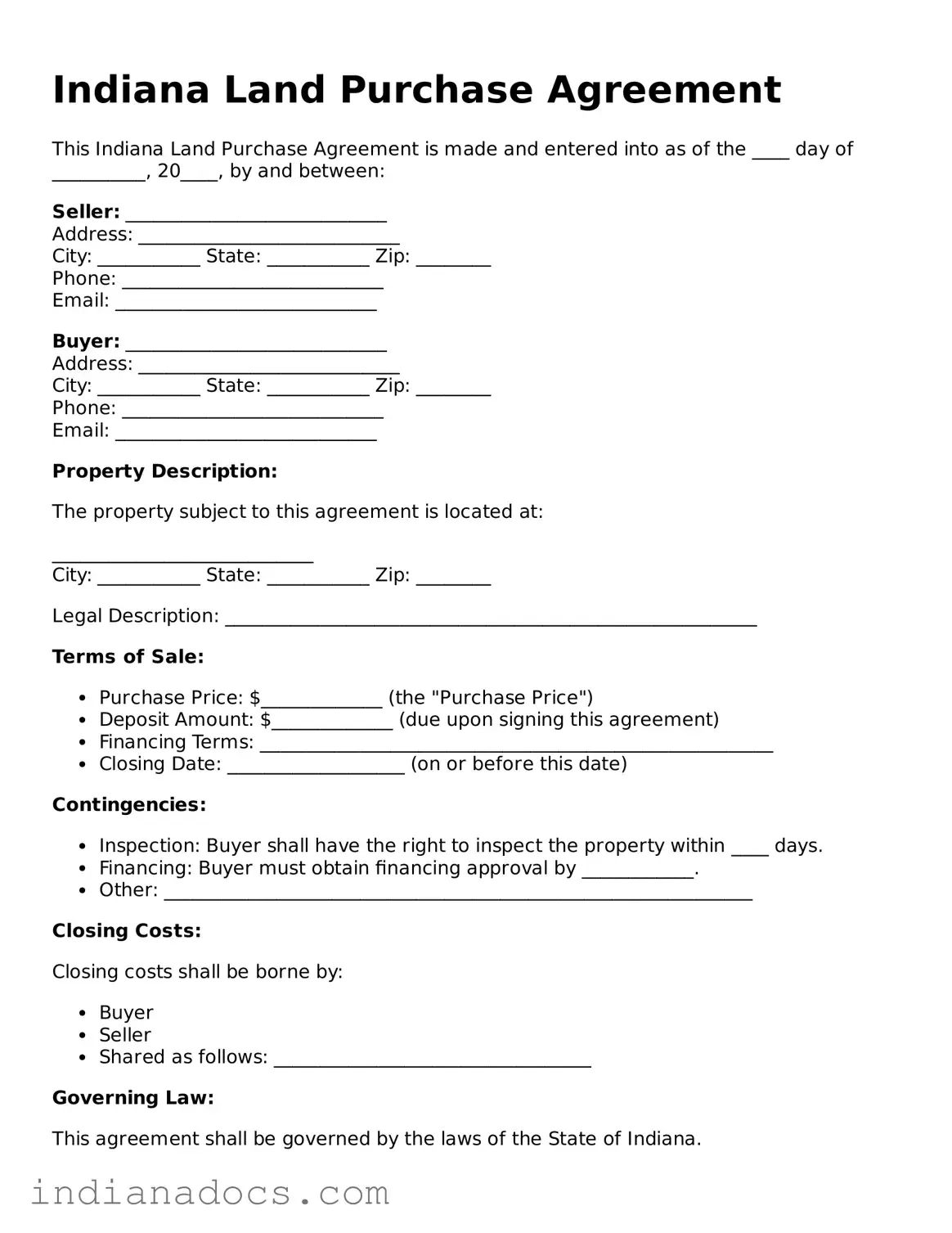 Official  Land Purchase Agreement Form for Indiana