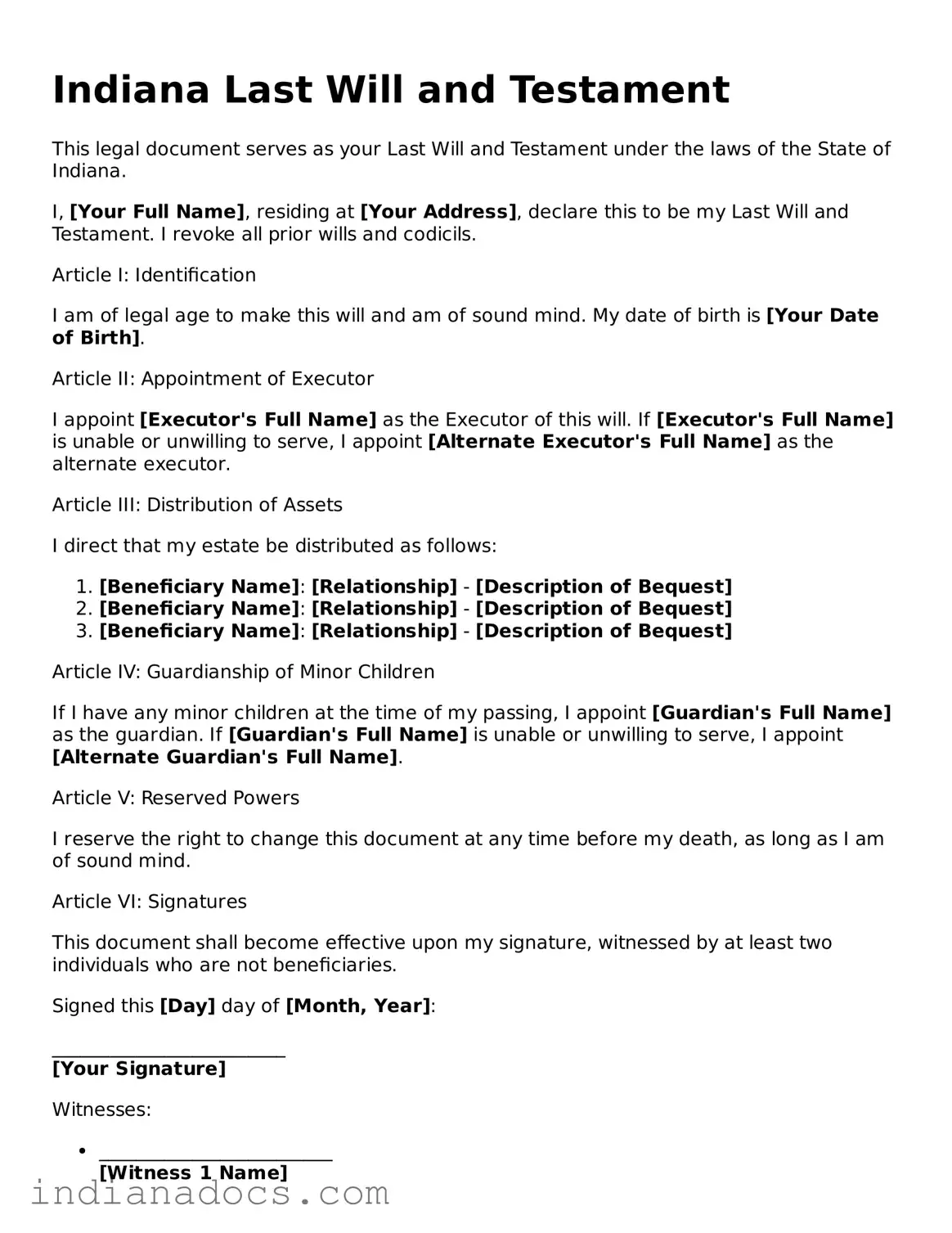 Official  Last Will and Testament Form for Indiana