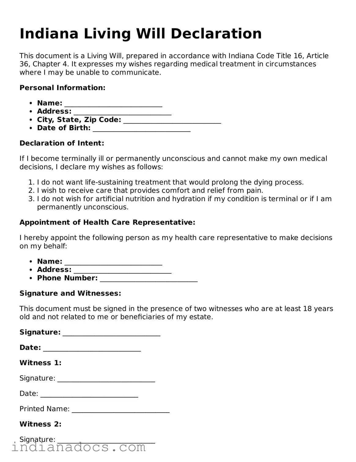 Official  Living Will Form for Indiana