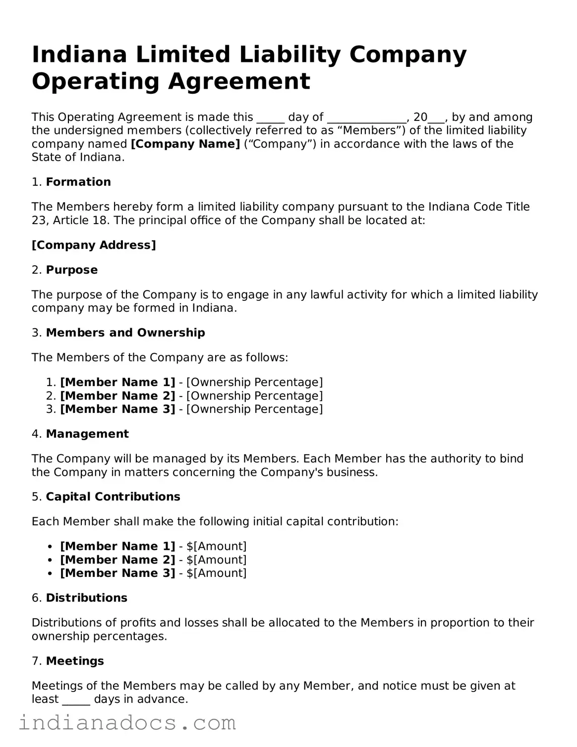 Official  Operating Agreement Form for Indiana