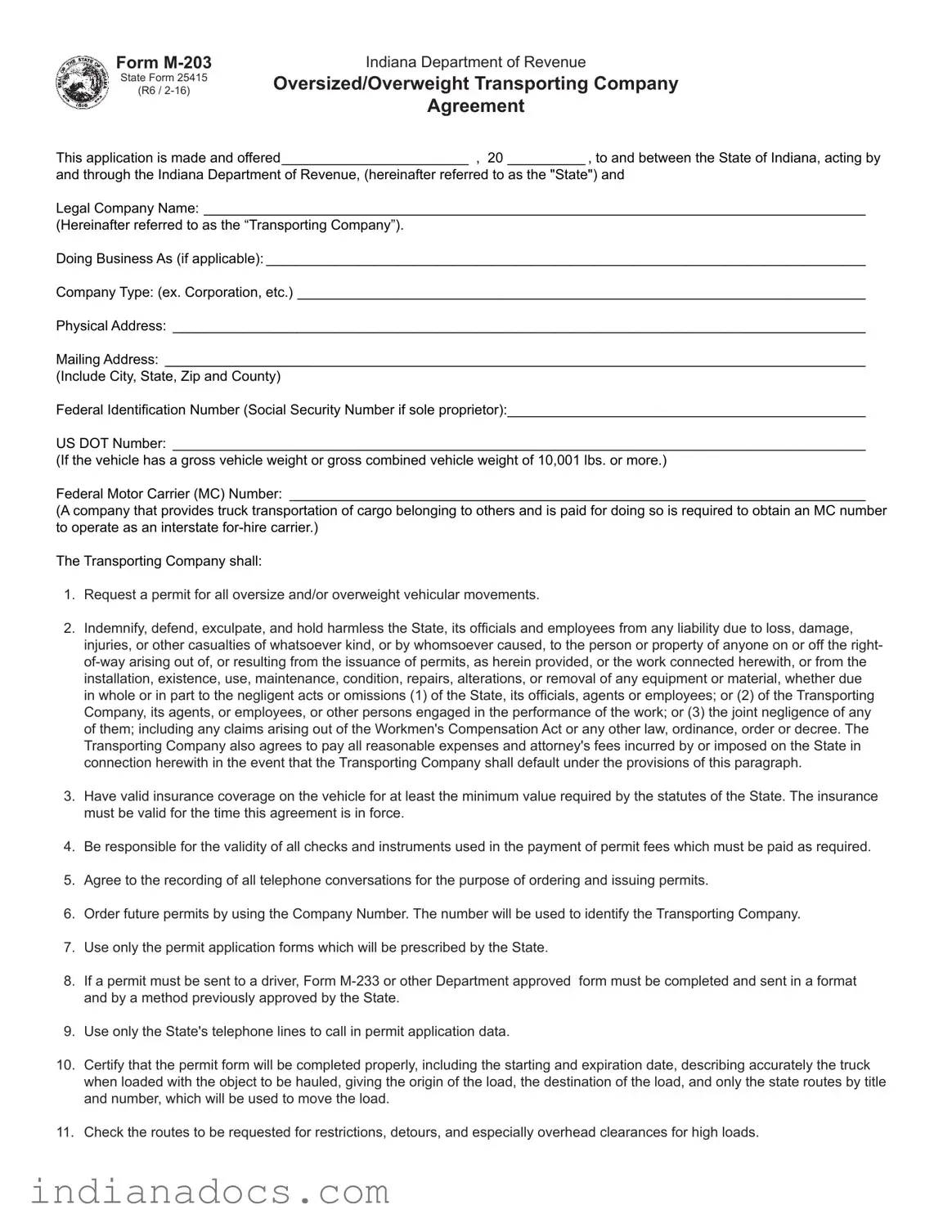 Fillable Indiana M203 Form