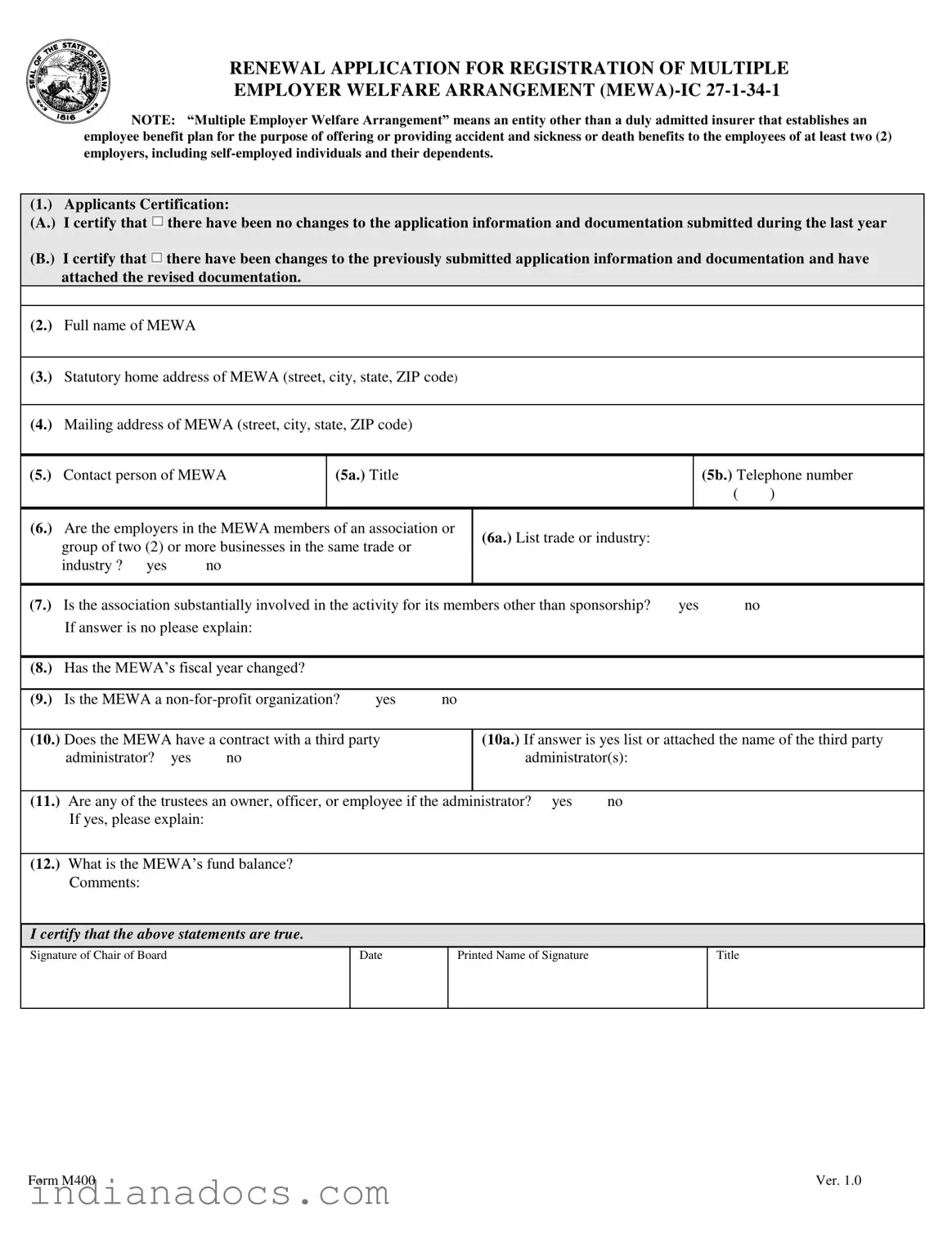 Fillable Indiana M400 Form