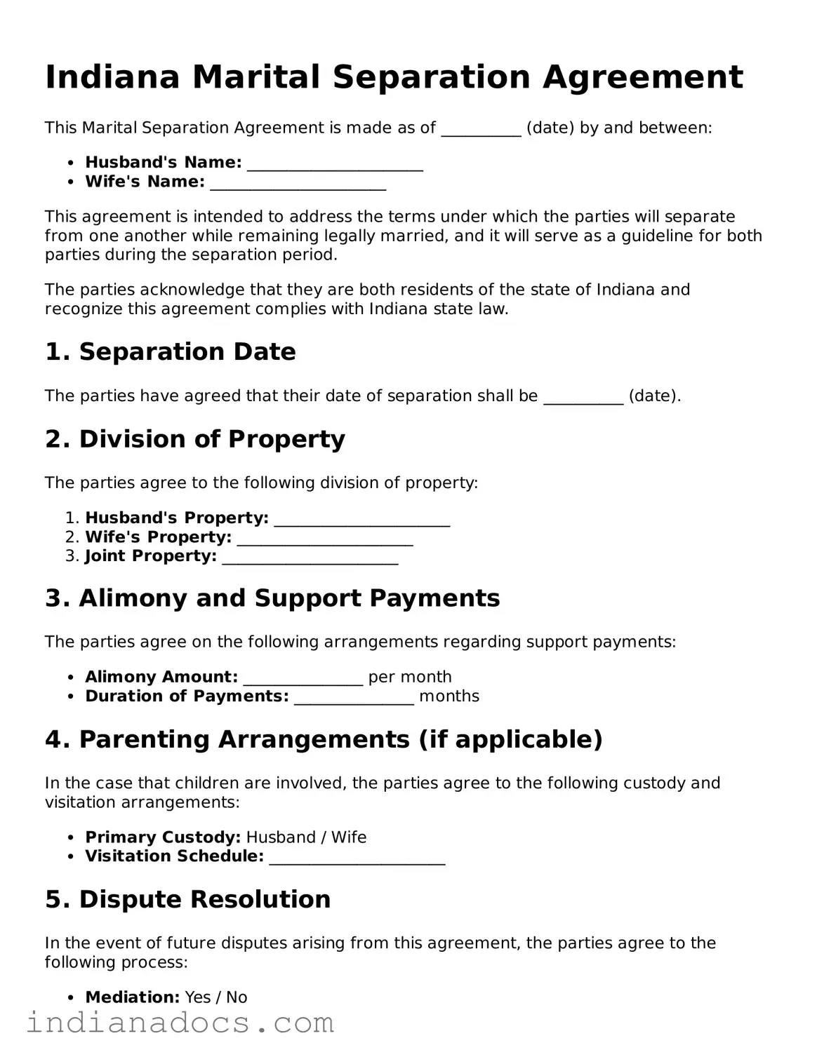 Official  Marital Separation Agreement Form for Indiana