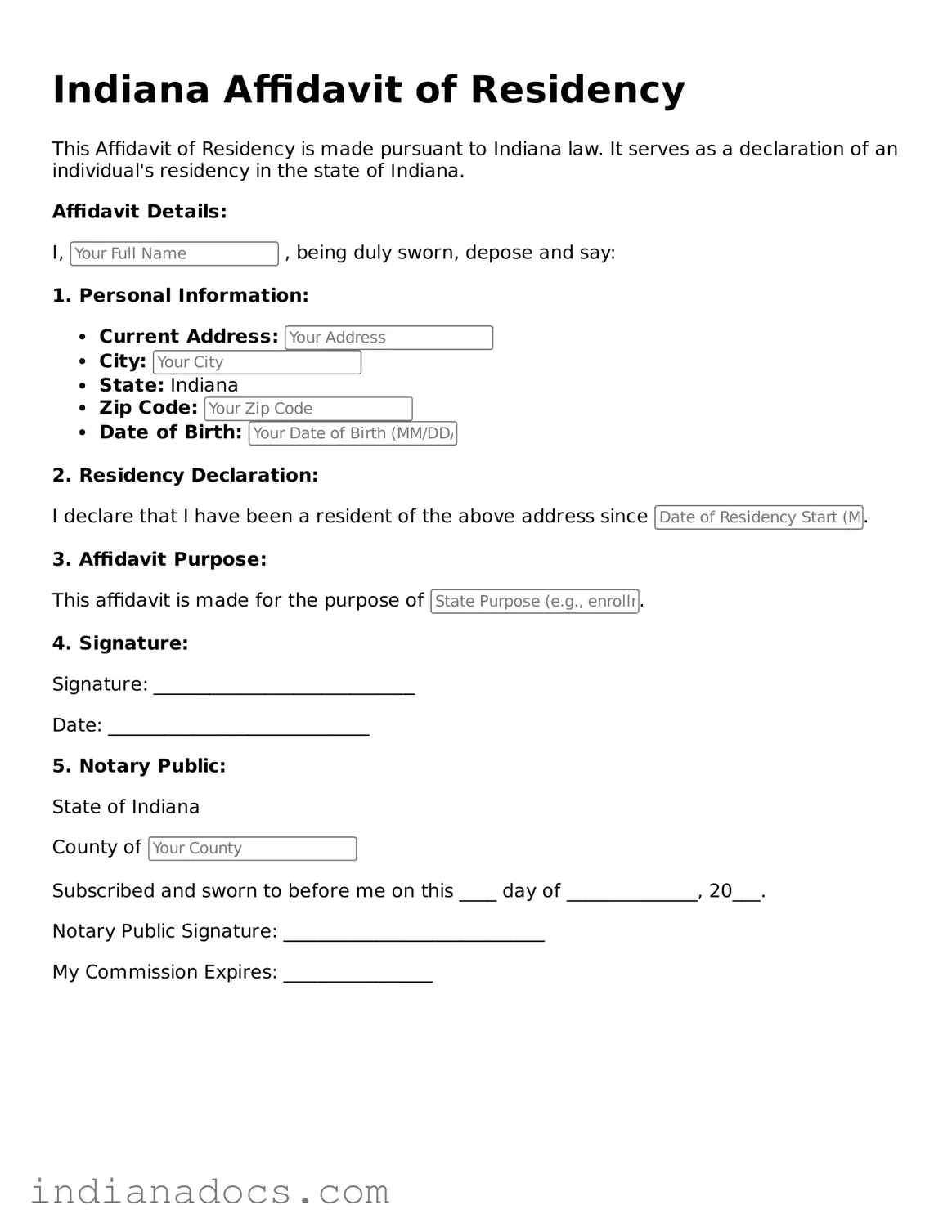 Official  Affidavit of Residency Form for Indiana