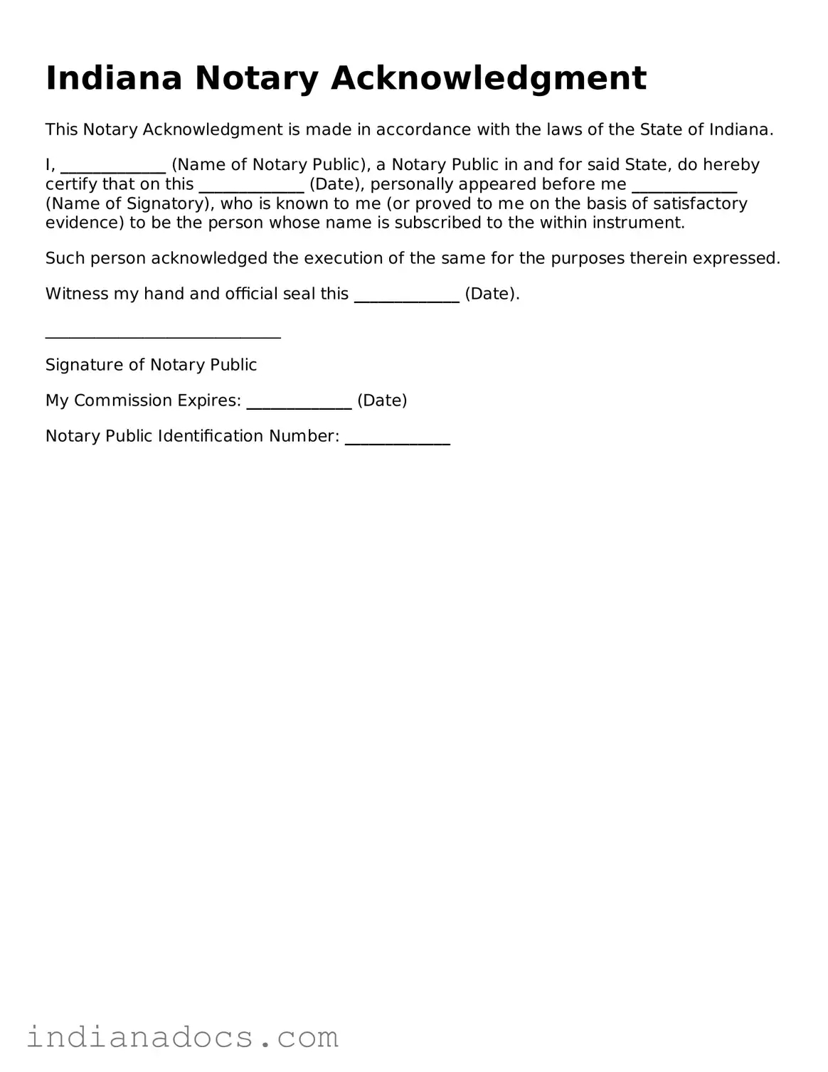 Official  Notary Acknowledgement Form for Indiana