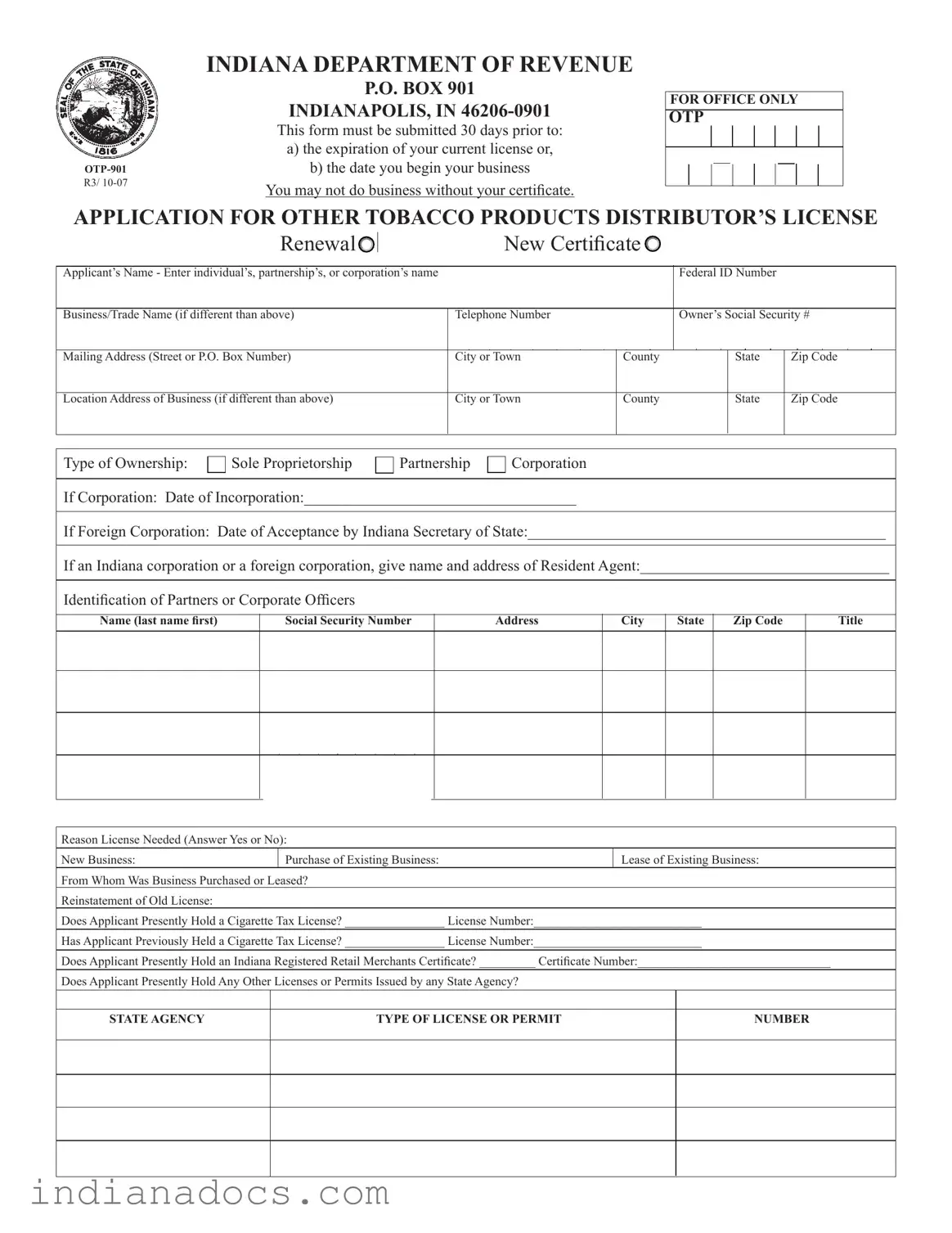 Fillable Indiana Otp 901 Form