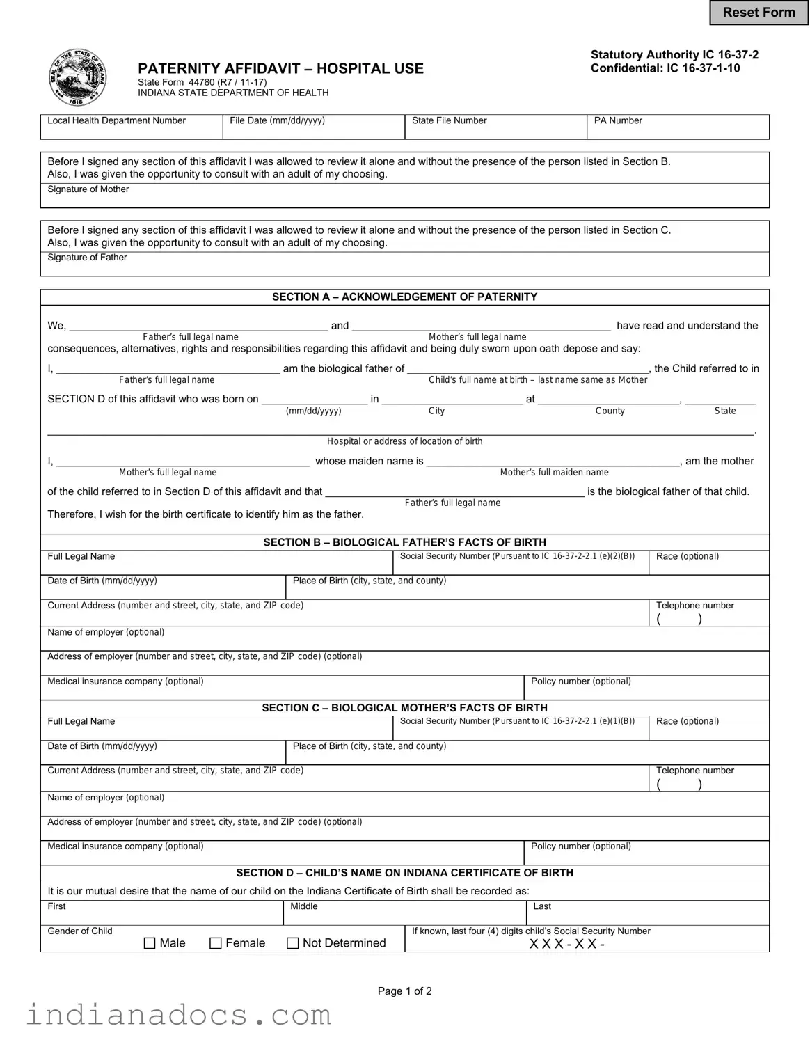 Fillable Indiana Paternity Affidavit 44780 Form