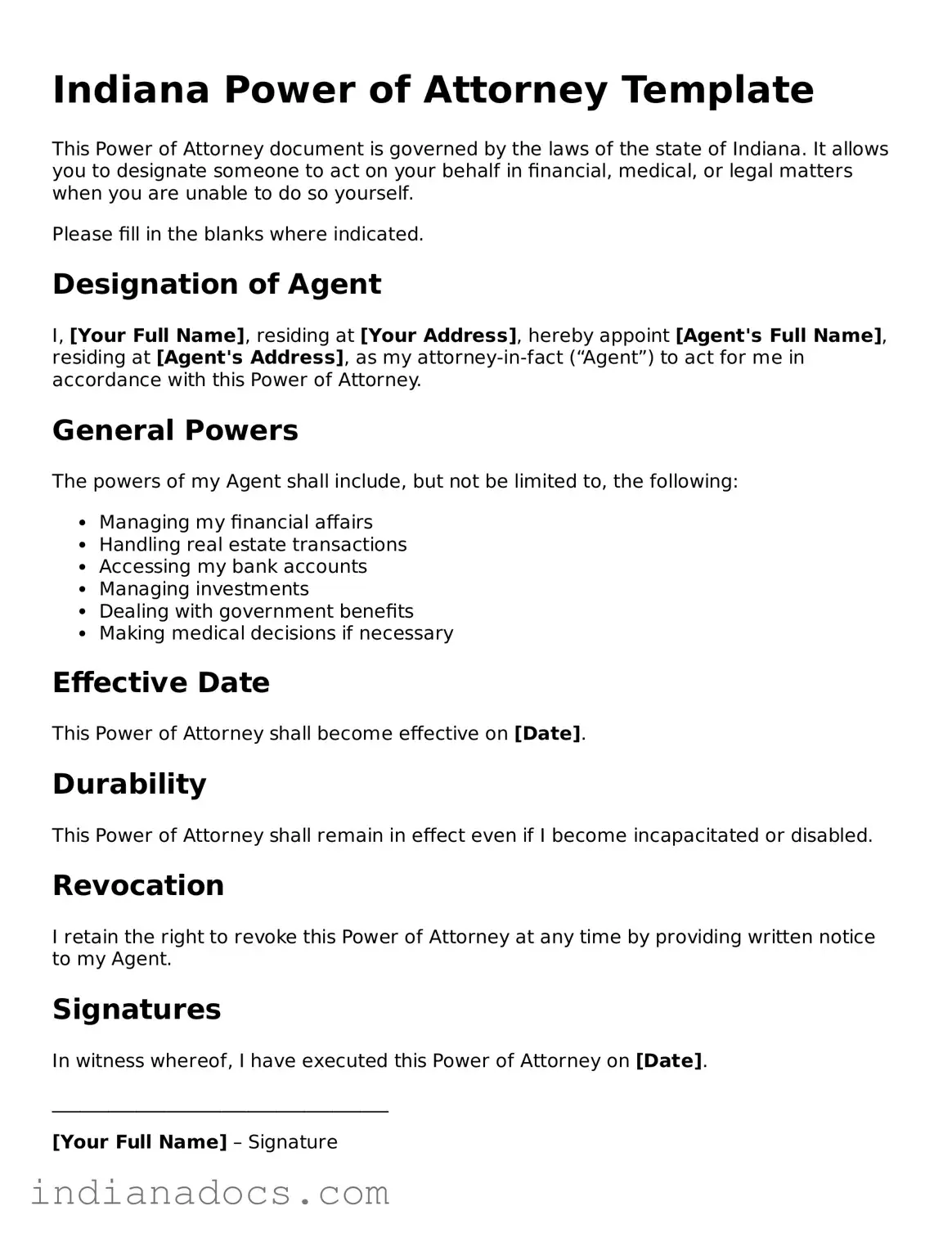 Official  Power of Attorney Form for Indiana