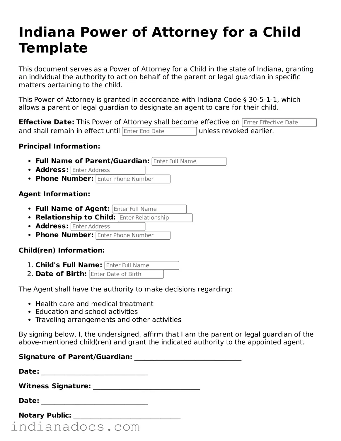 Official  Power of Attorney for a Child Form for Indiana