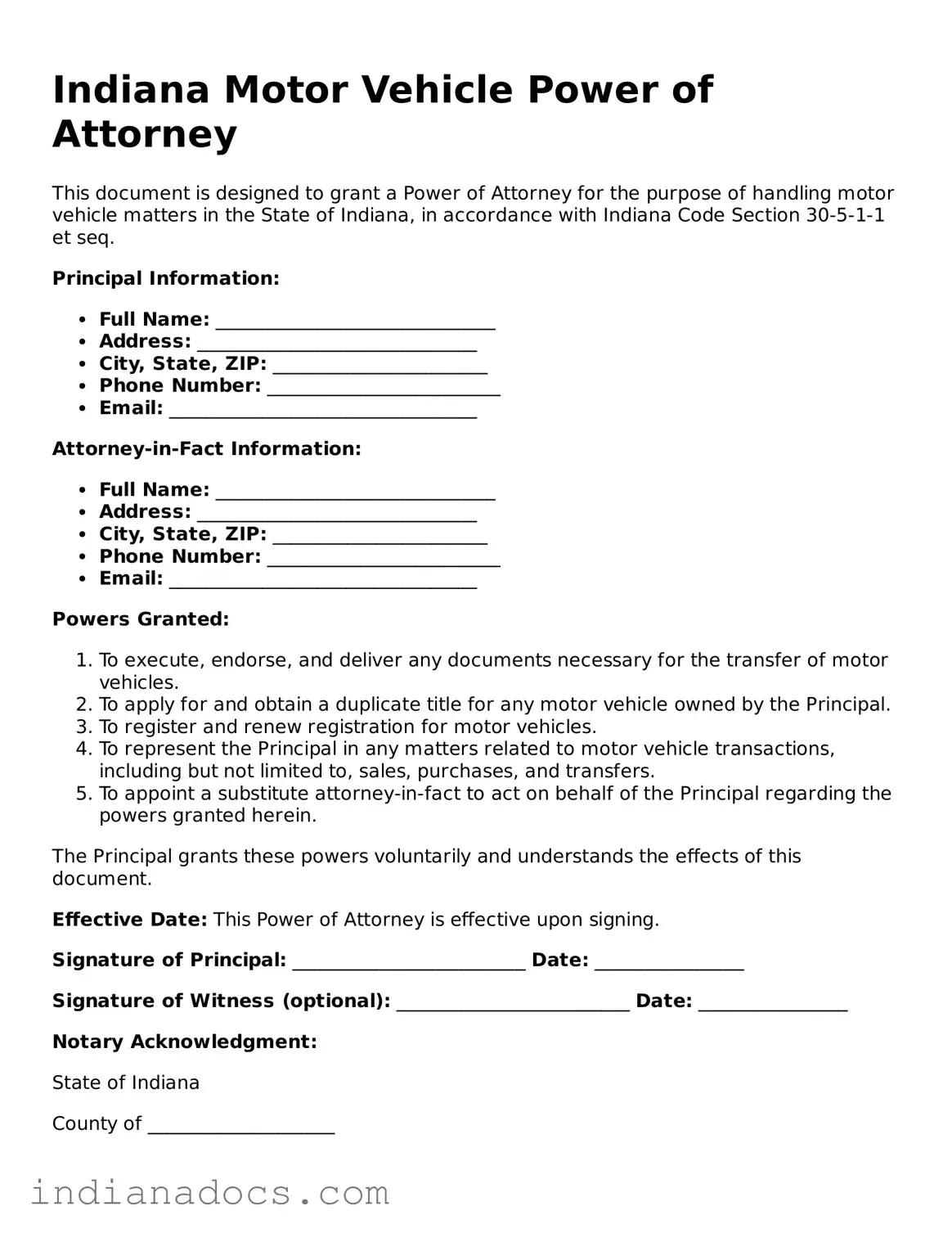 Official  Motor Vehicle Power of Attorney Form for Indiana