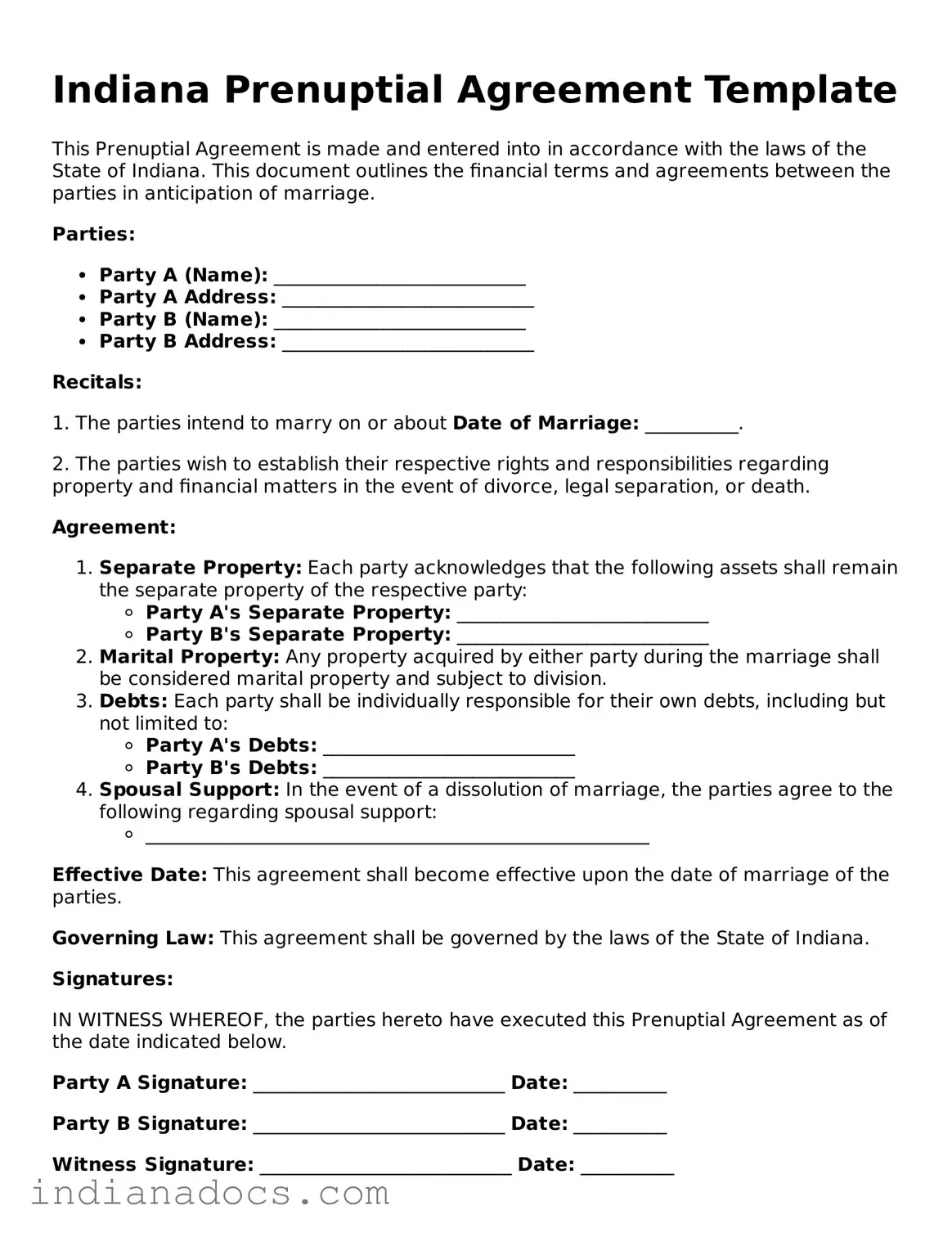 Official  Prenuptial Agreement Form for Indiana