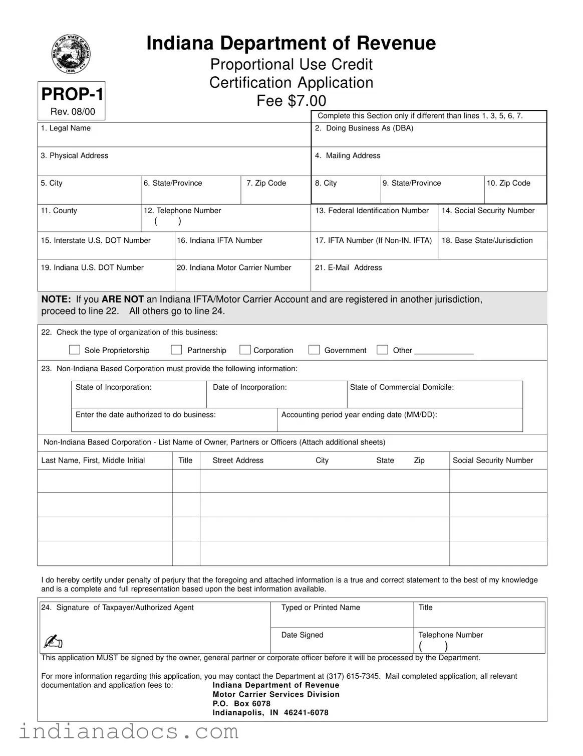 Fillable Indiana Prop 1 Form